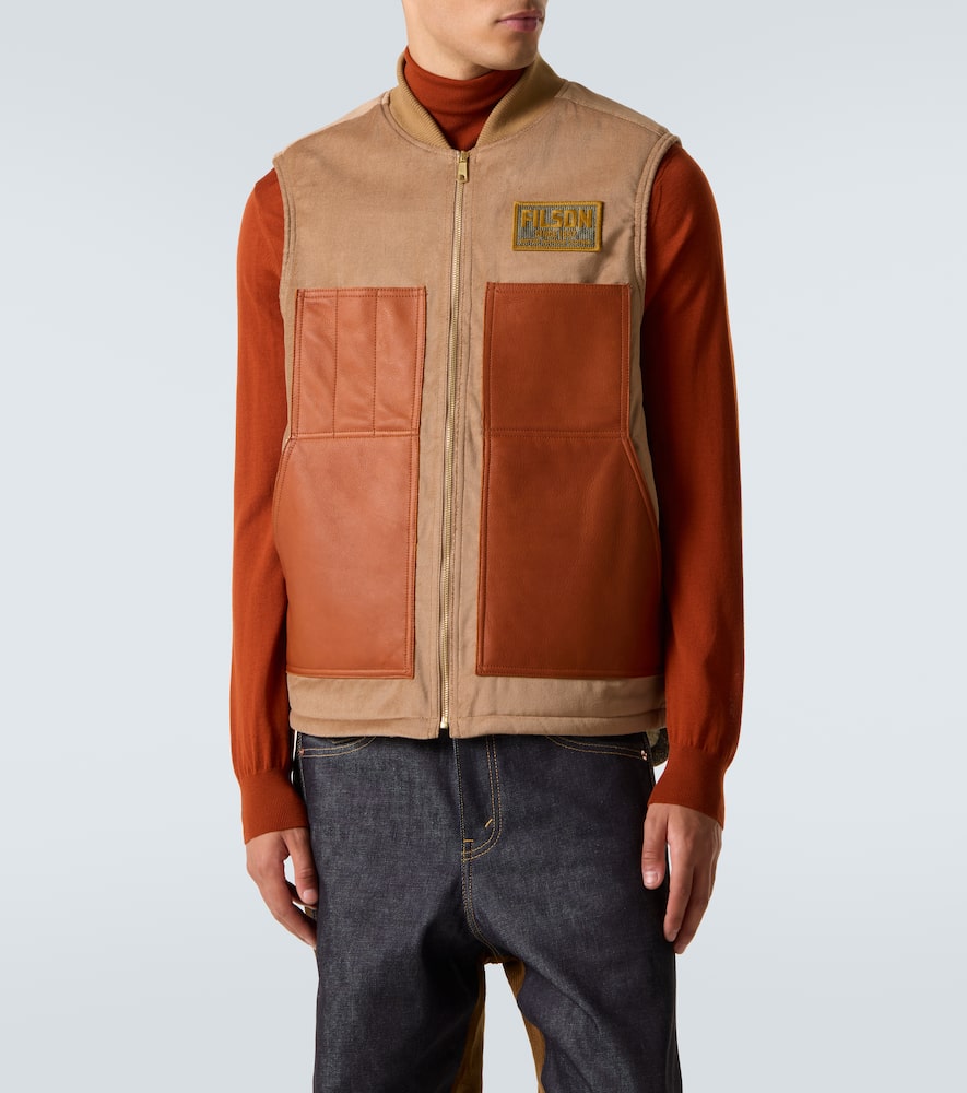 Leather-trimmed cotton and wool vest