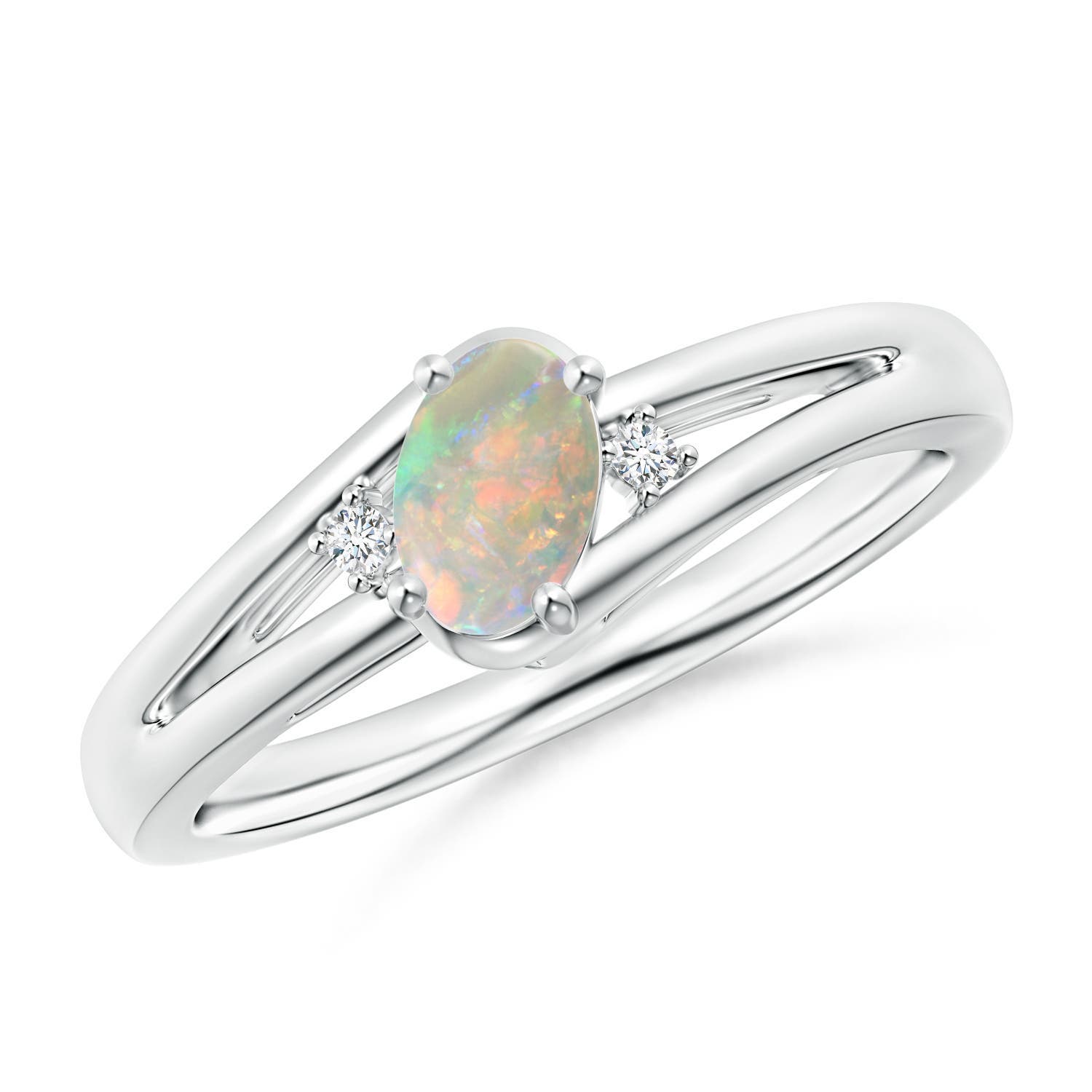 Angara 0.28 Carat Prong-Set Opal and Diamond Split Shank Ring in Platinum