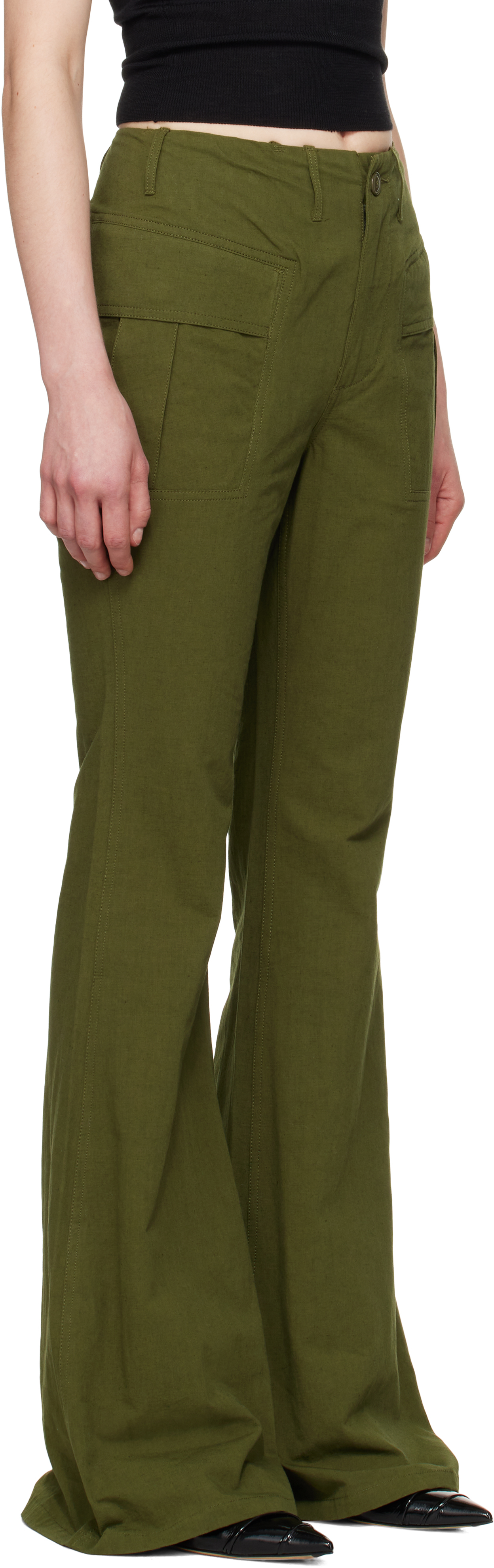 R13 Khaki Flare Leg Trousers
