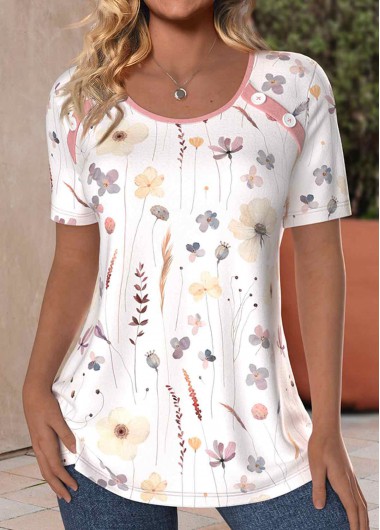 Modlily White Button Floral Print Short Sleeve T Shirt