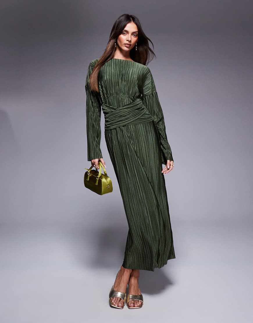 ASOS DESIGN plisse high neck long sleeve wrap waist maxi dress in khaki-Green