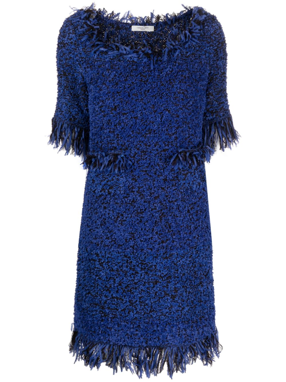 Fringe-trim three-quarter sleeve dress - Blue