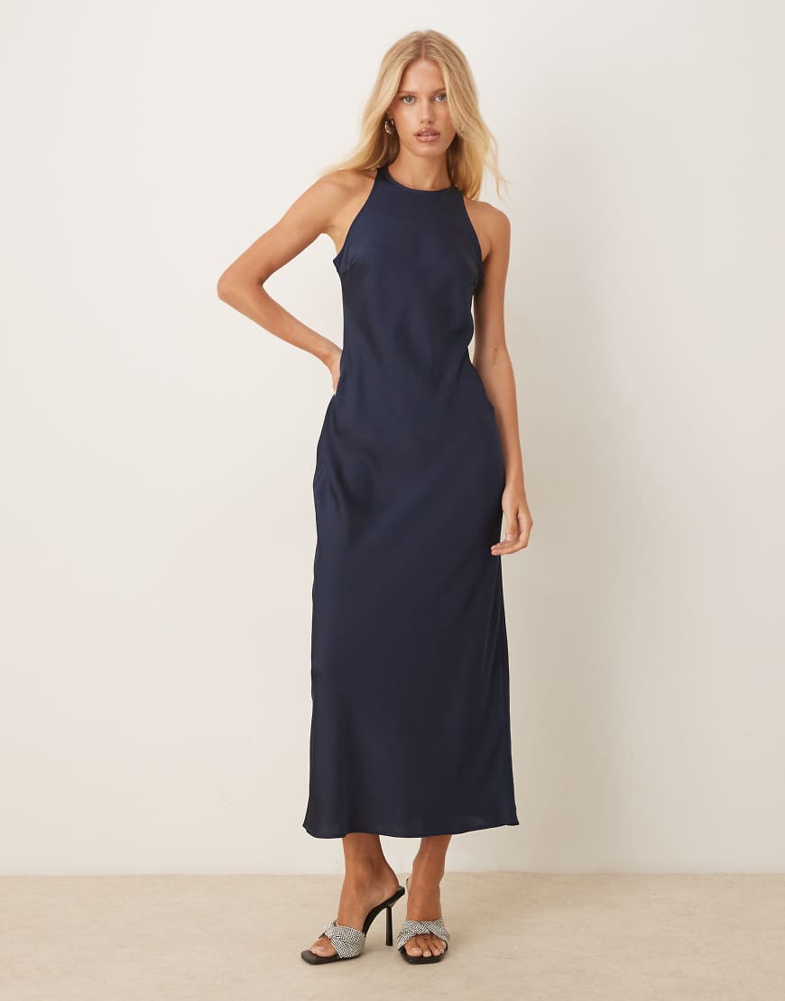 Racer satin midi dress in deep navy