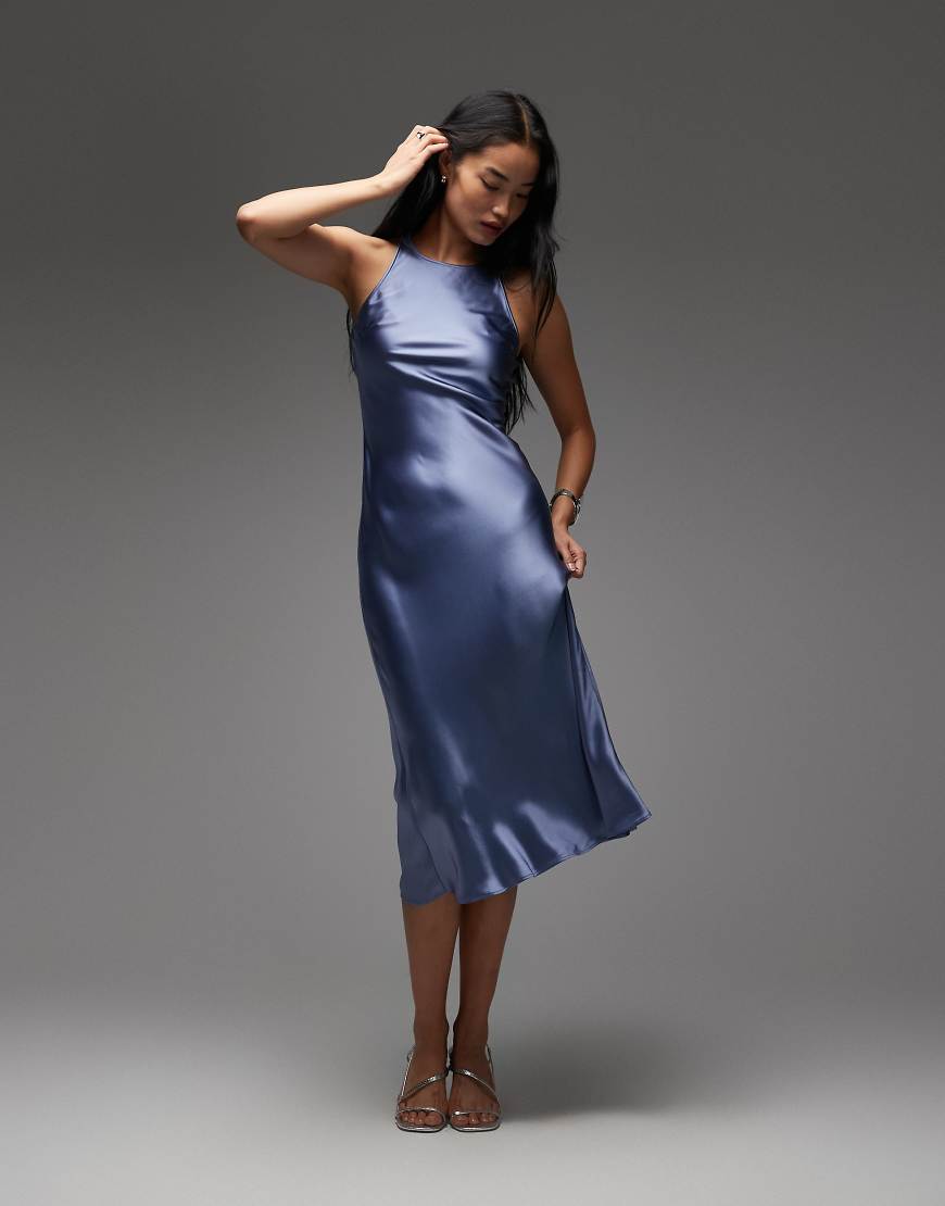 & bias cut satin midi dress in blue