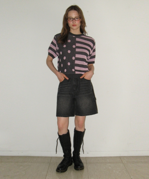 DOT STRIPE MIX HALF KNIT CHARCOAL PINK