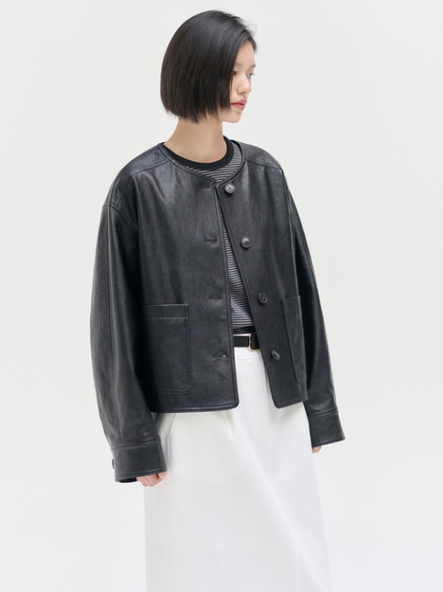 Collarless leather crop jacket
