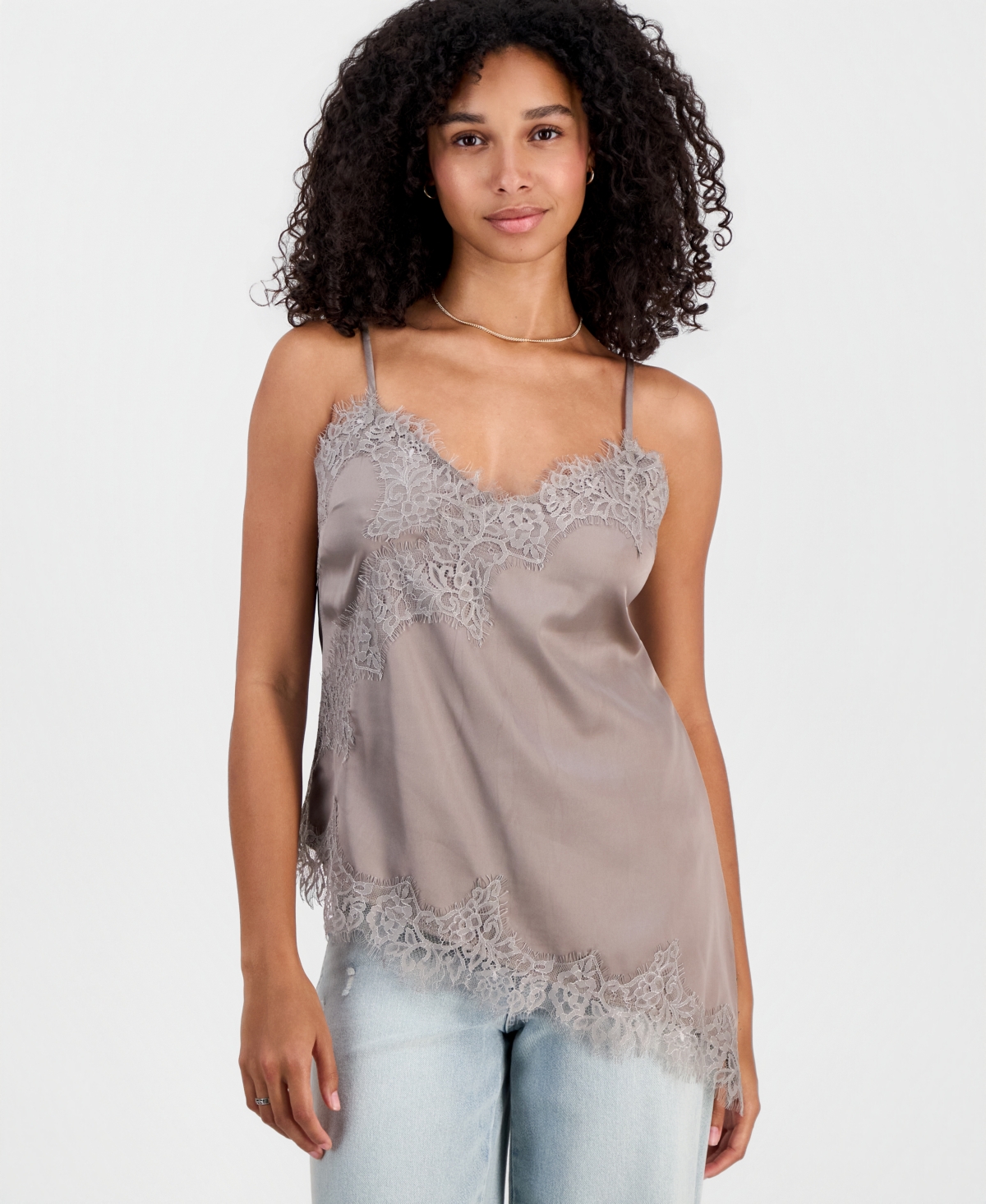 Juniors' Satin Lace-Trim Asymmetric Cami - Taupe