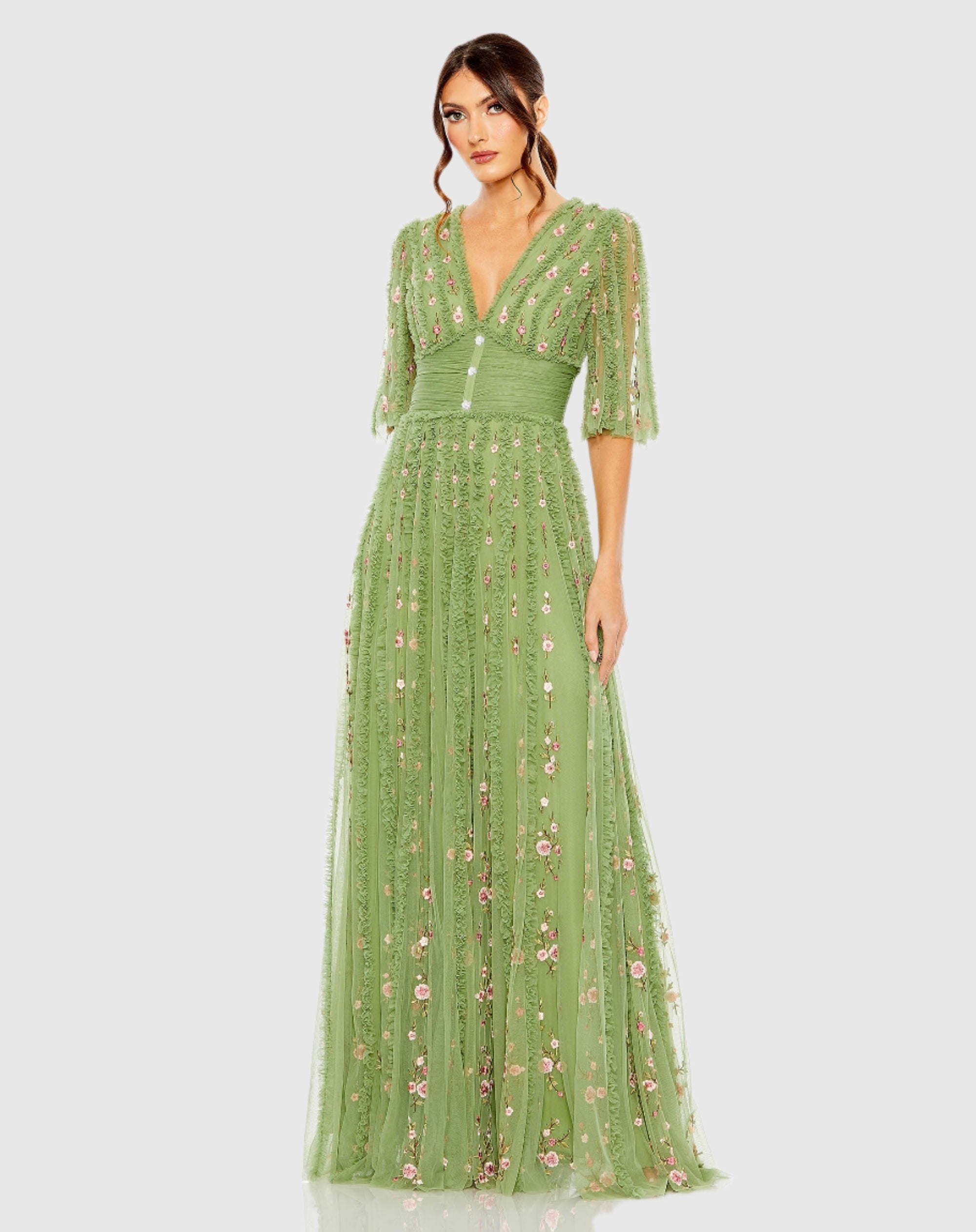Floral V-Neck Ruffle Detail Empire Waist Wedding Guest Maxi Gown In Light Pink Multi