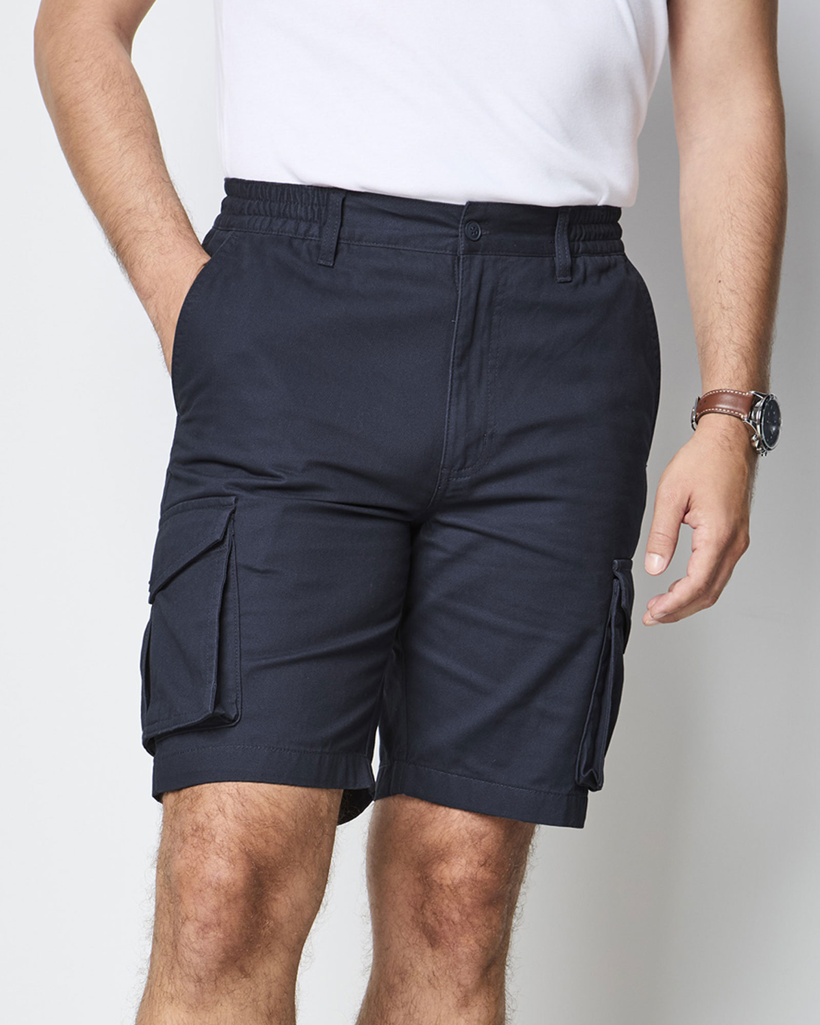 Men's Side Elasticated Cotton Cargo Shorts in Blue, 100% Cotton