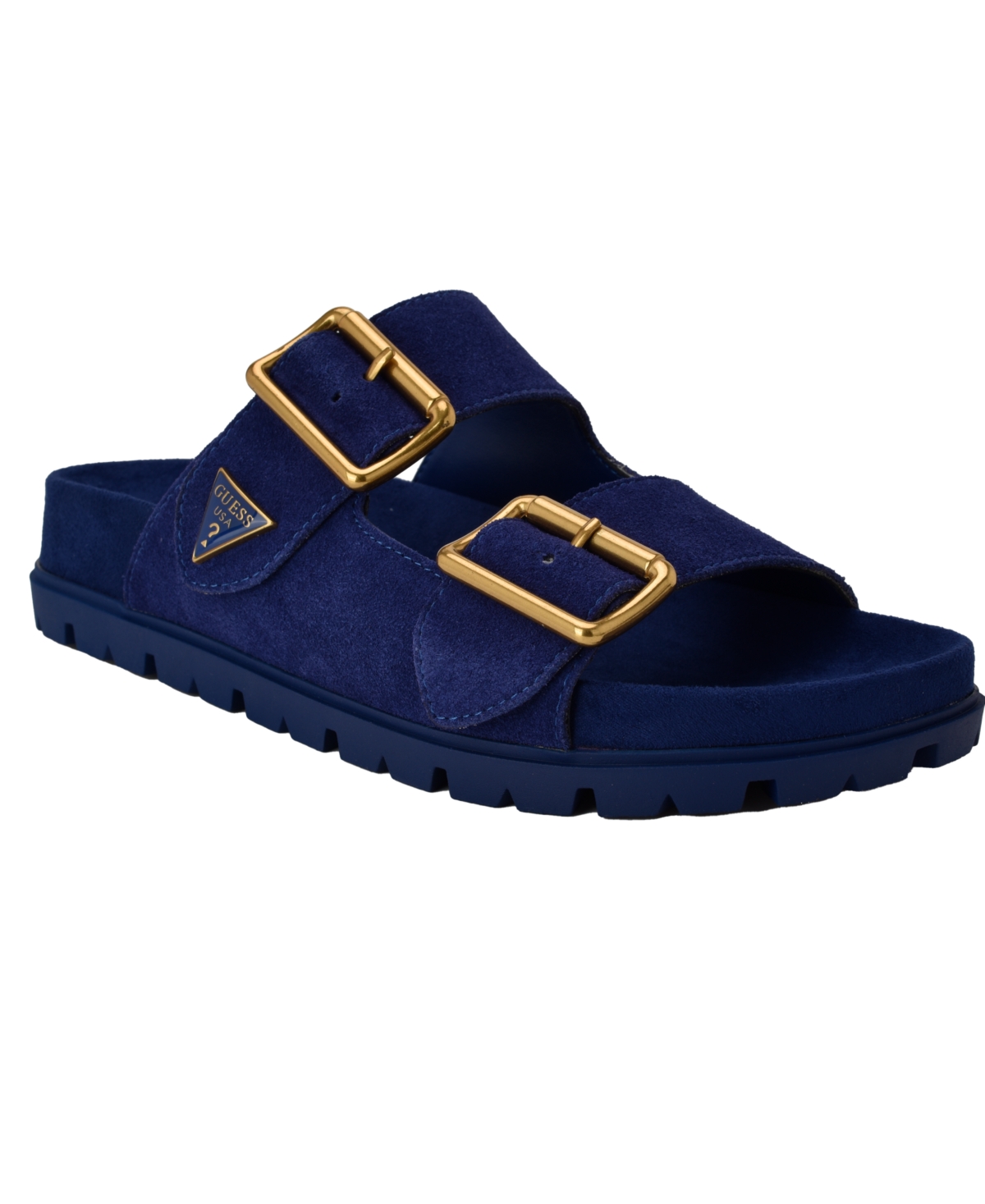 Women's Fasten Slip-On Sporty Double Band Footbed Sandals - Medium Blue Suede