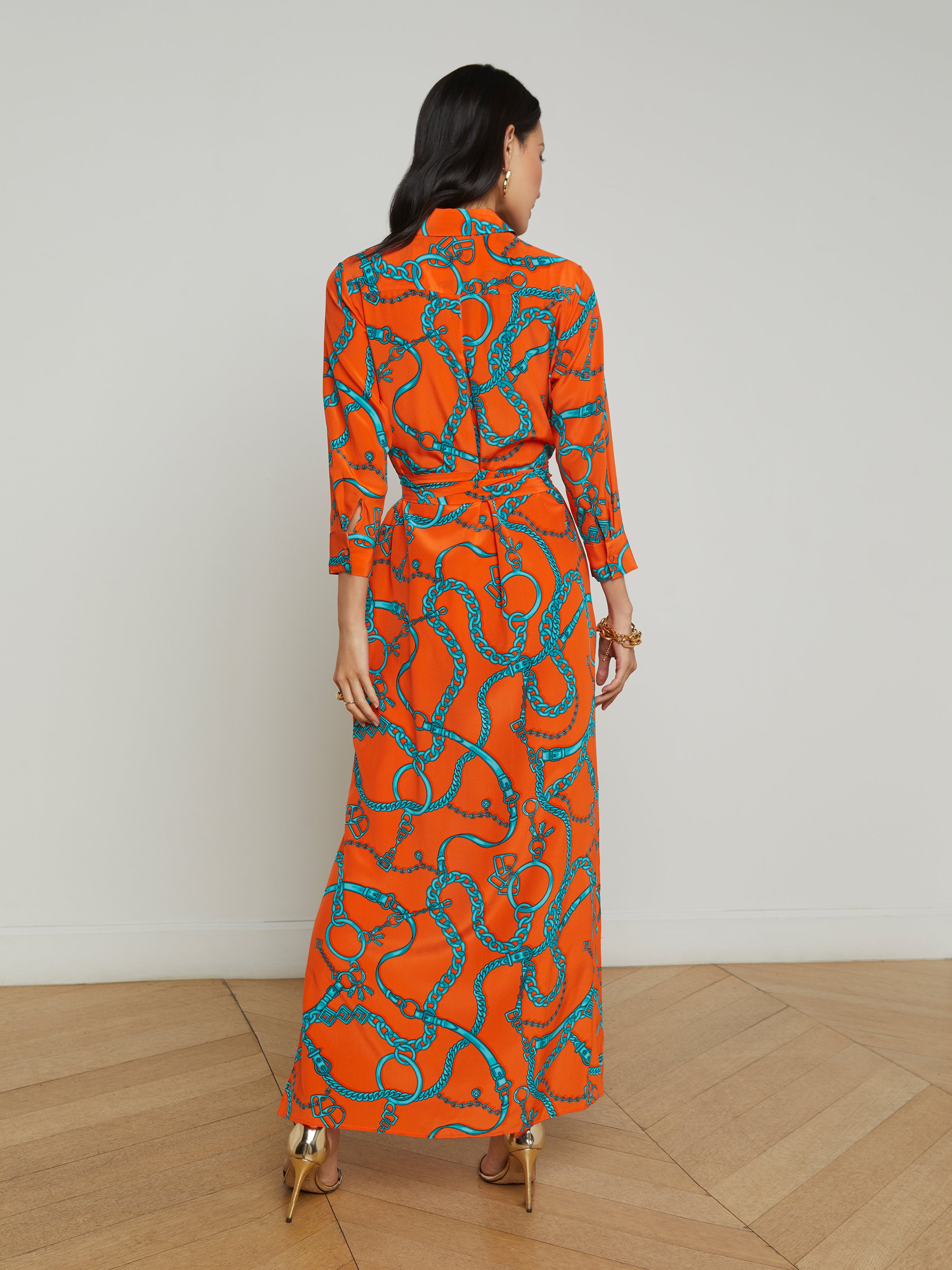 Cameron Silk Shirt Dress In Orange/Teal Buckle Chain