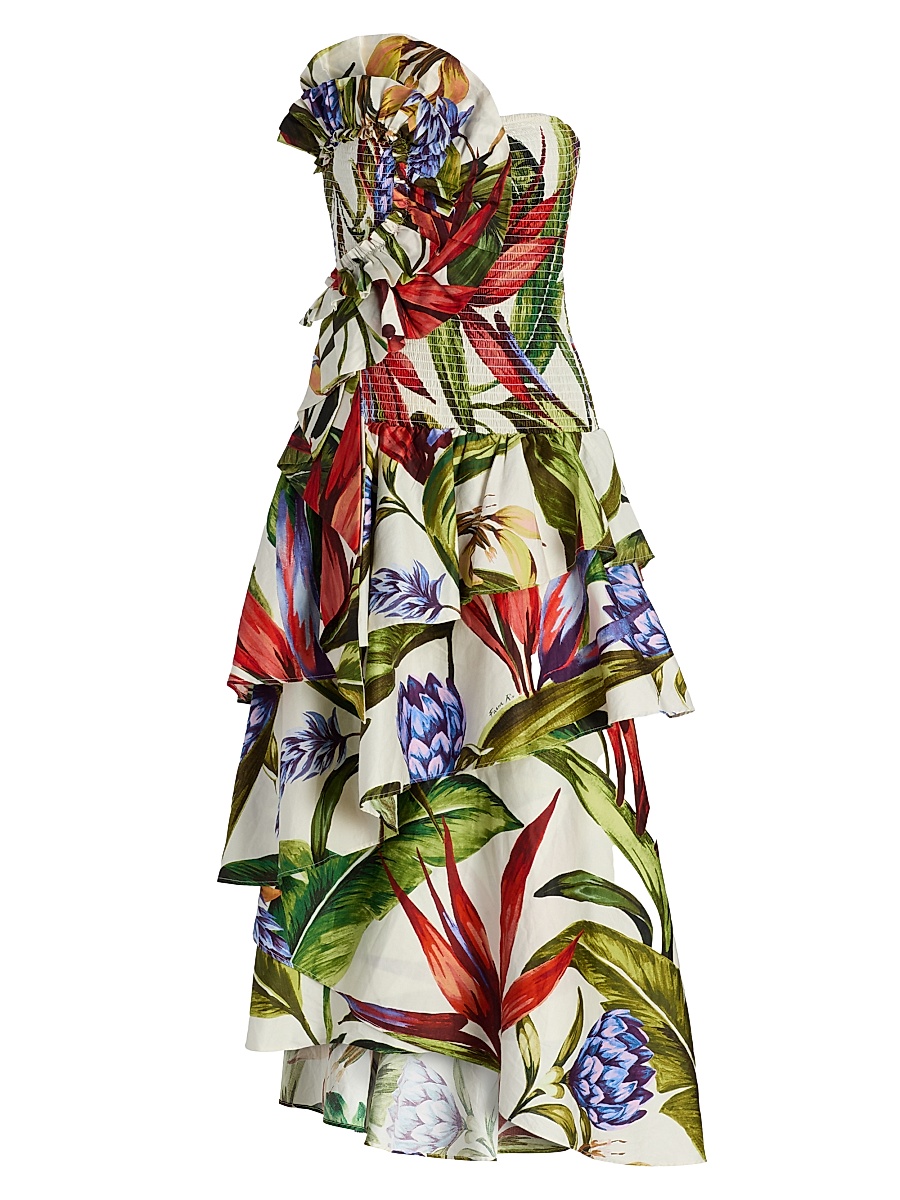Women's Smocked Floral Cotton Strapless Maxi Dress - Sand