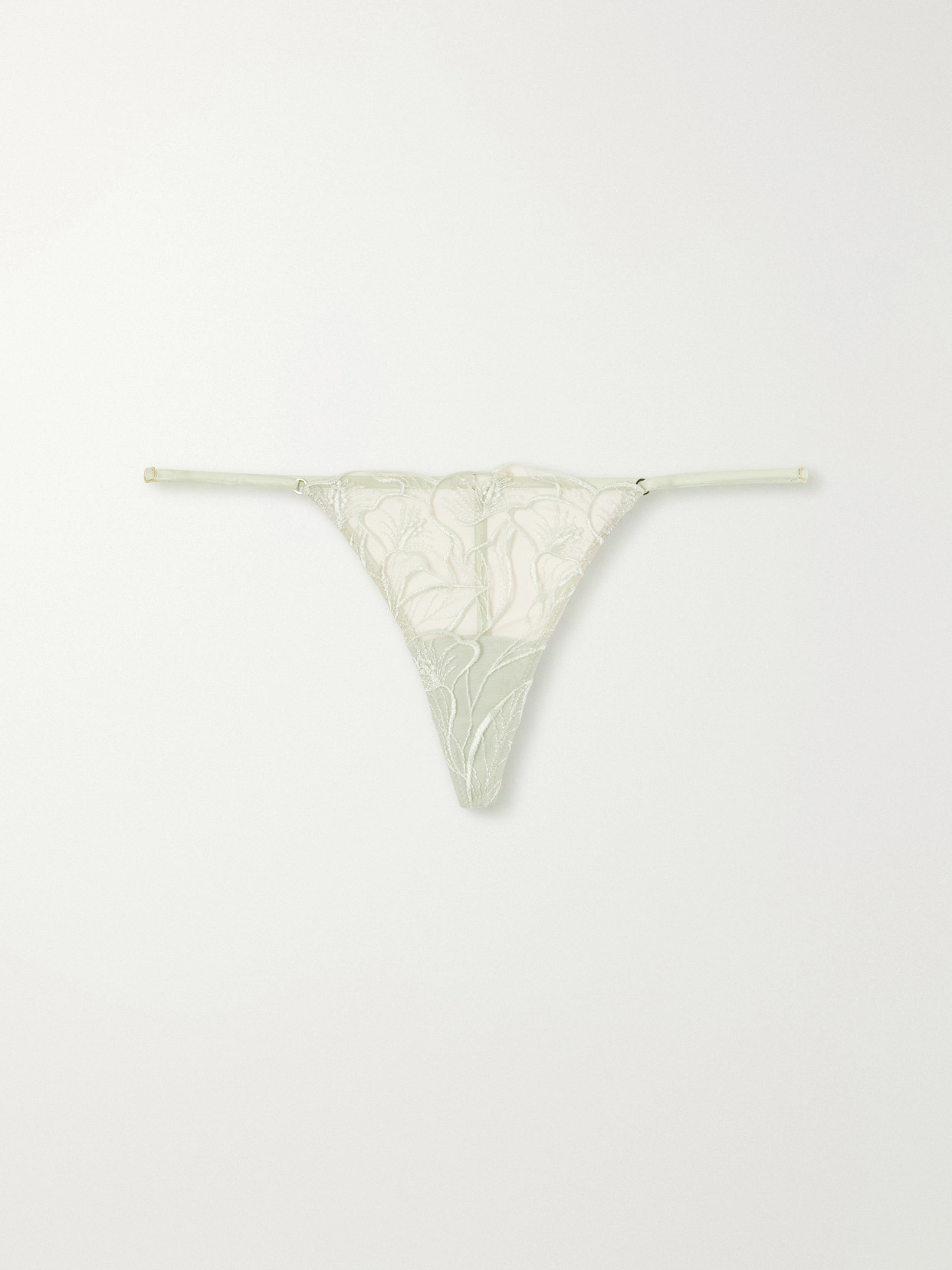 Calla Lily Floral-embroidered Mesh Thong - Green
