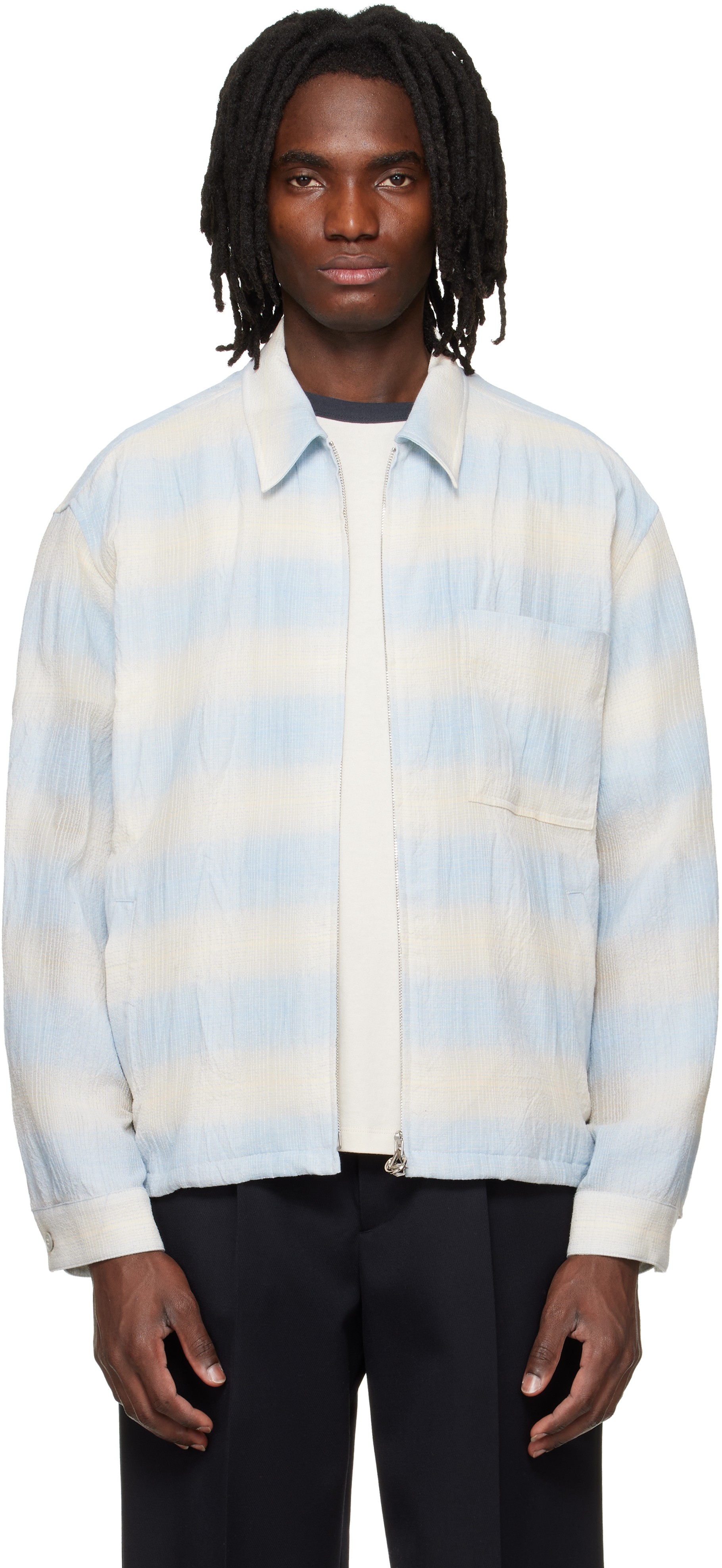 Blue & Beige Striped Zip-Up Shirt