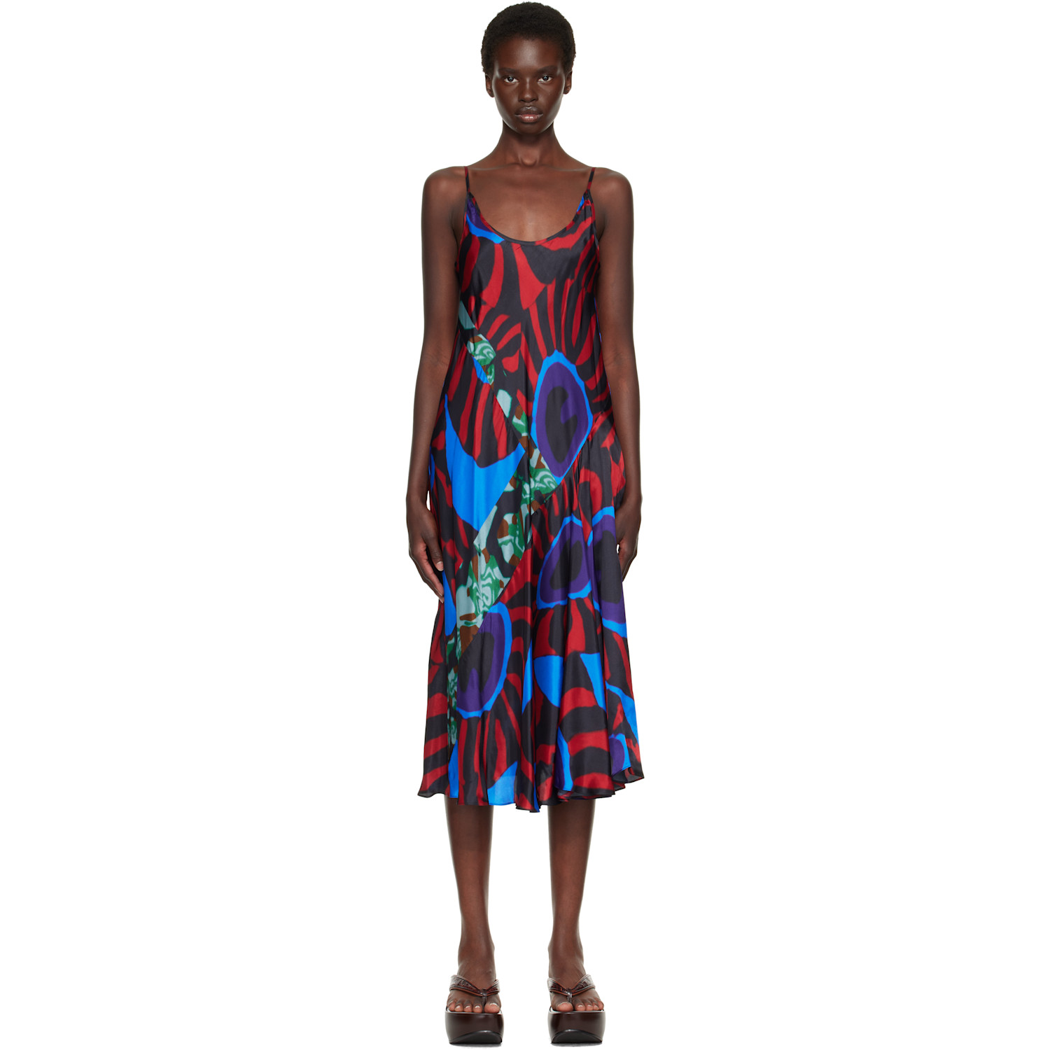 Red & Blue Printed Slip Midi Dress