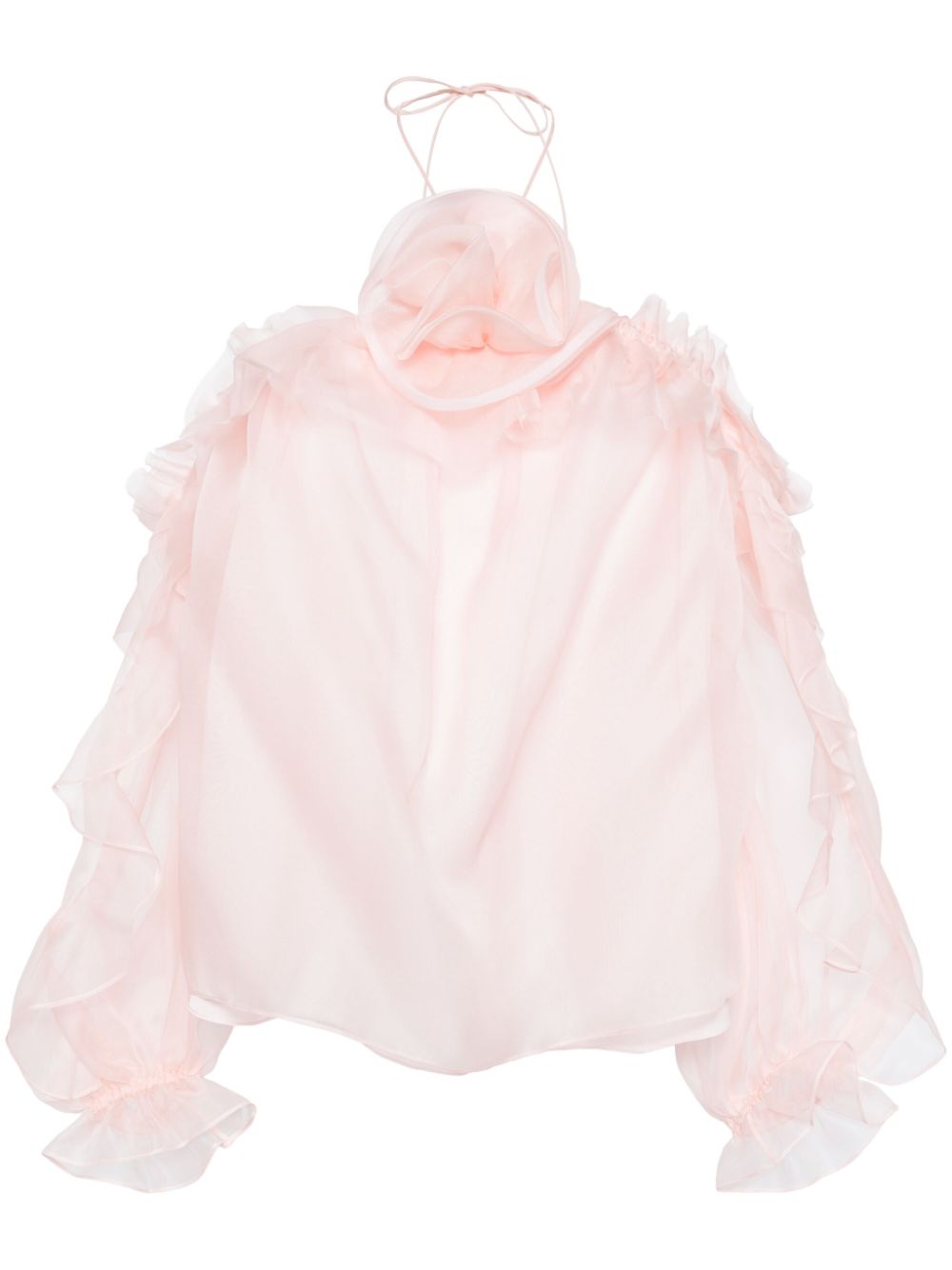 Floral-appliqué ruffled blouse - Pink