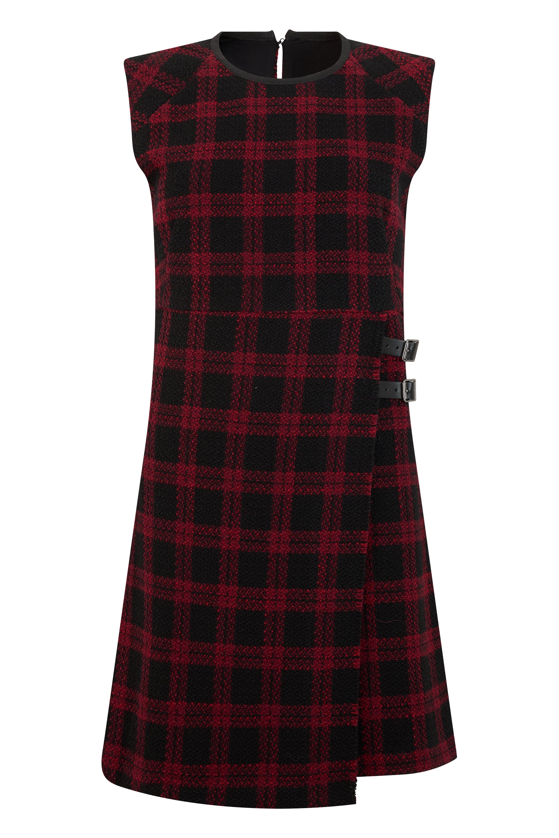 Check Sleeveless Fitted Dress with Side Belt