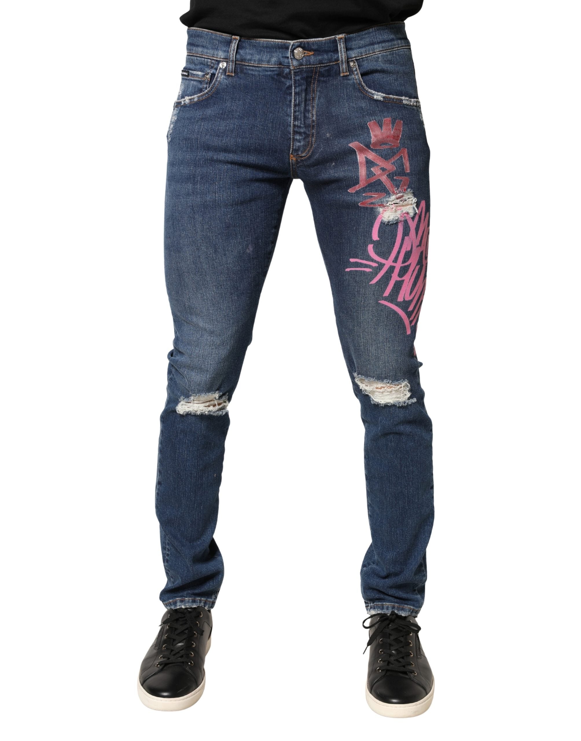Distressed Graffiti-Print Jeans — Blue