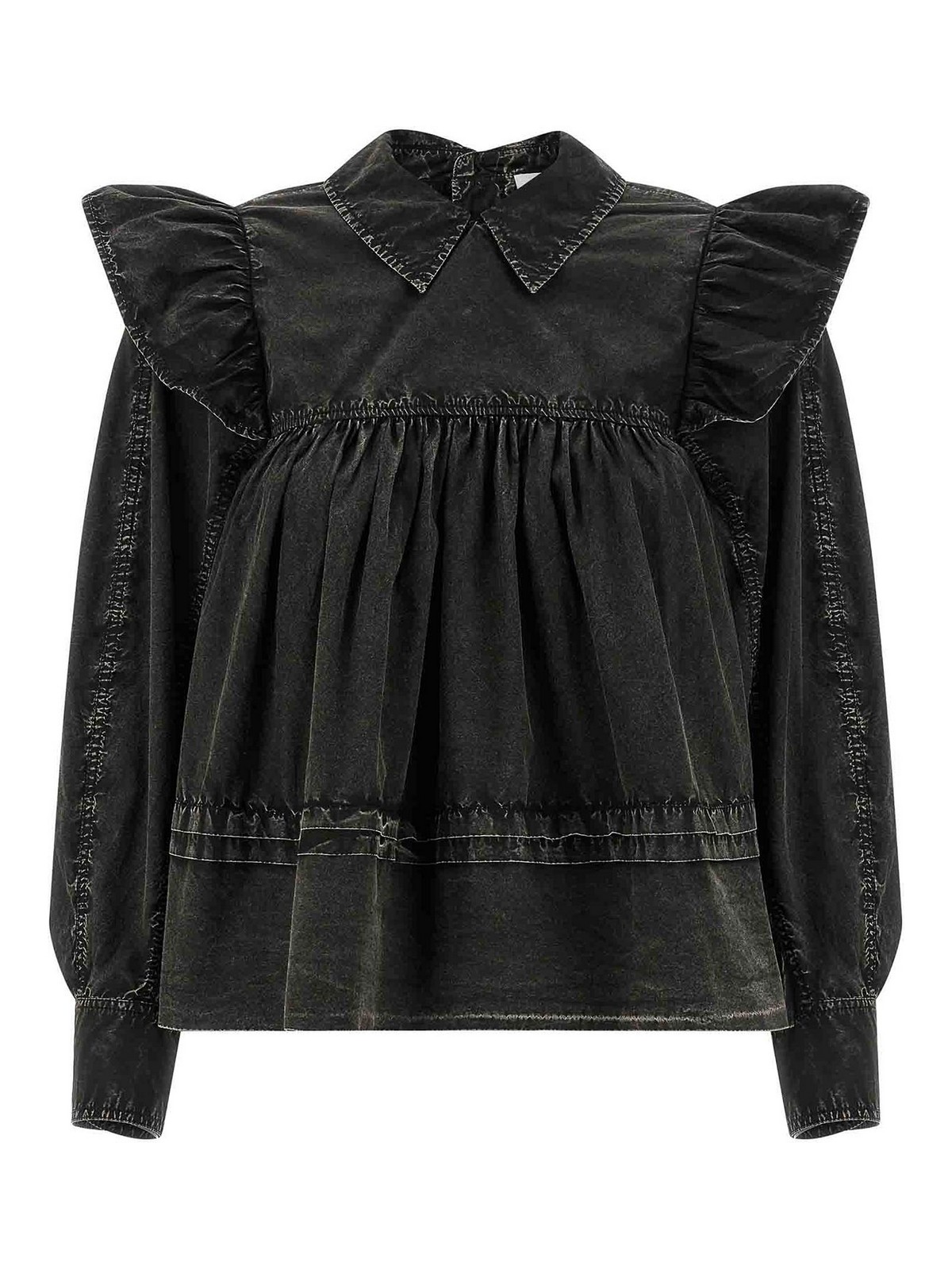 Black Washed Frill Shirt And Blouse Black