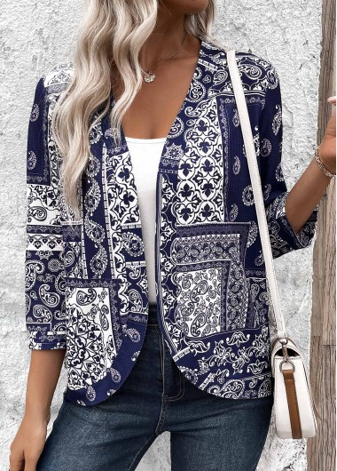 Modlily Navy Tribal Print 3/4 Sleeve Light Cardigan