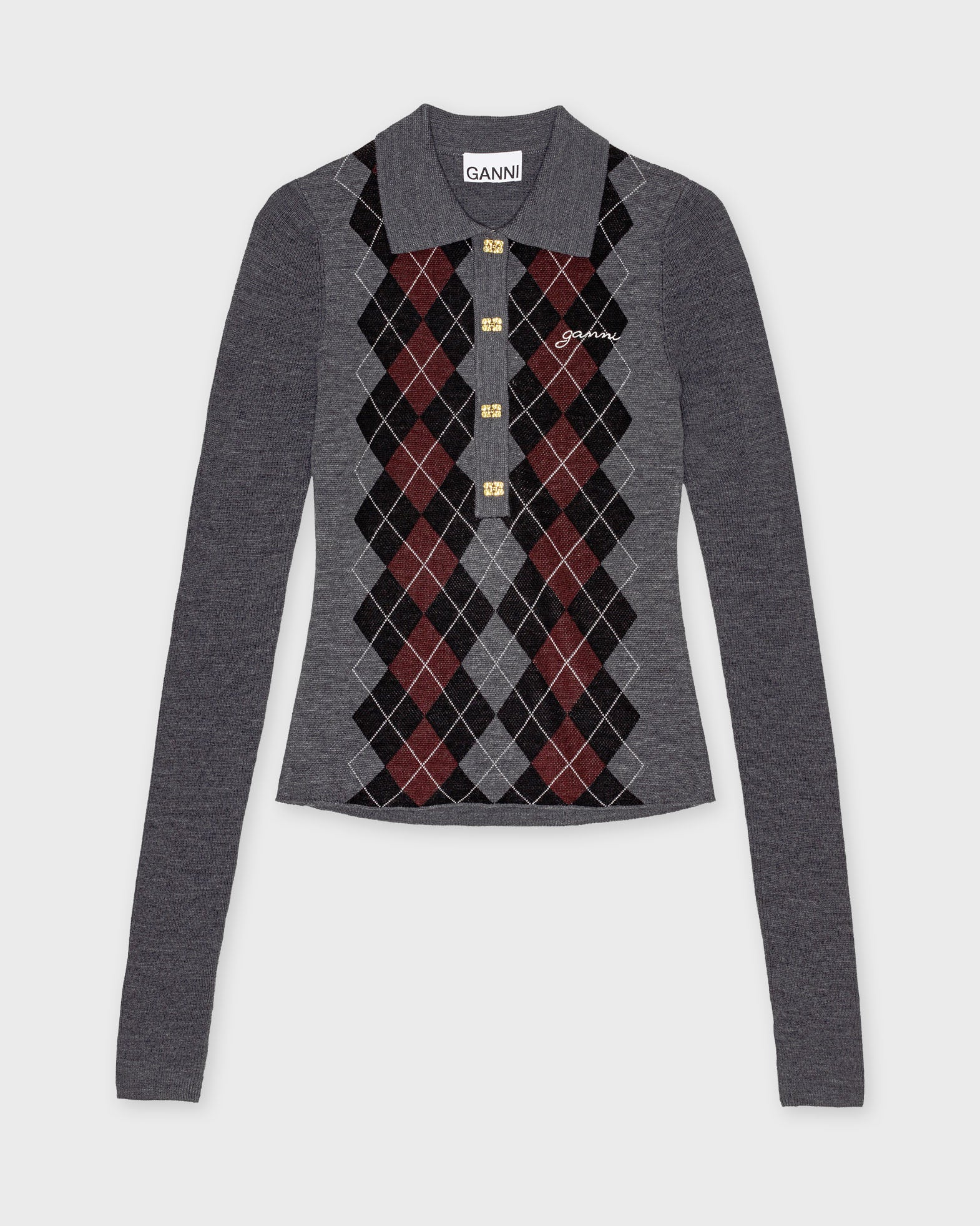 Ganni Sweater Fine Merino Jacquard Polo Dark grey