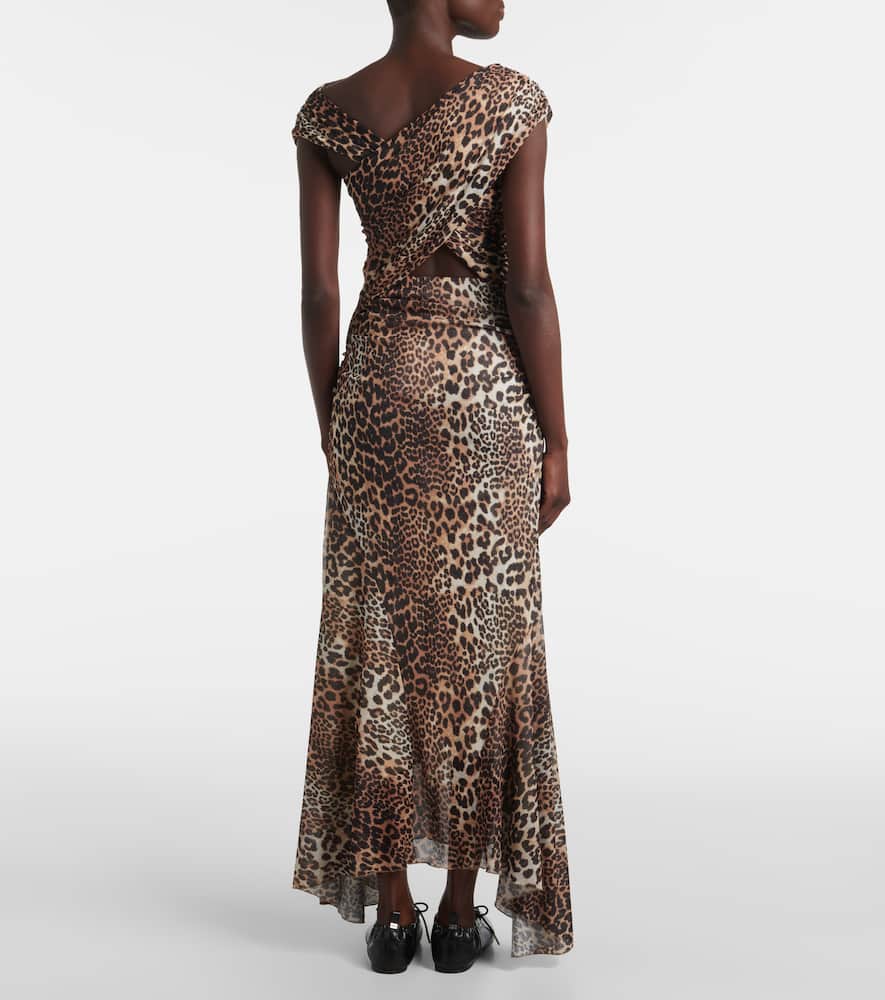 Ruched leopard-print mesh maxi dress