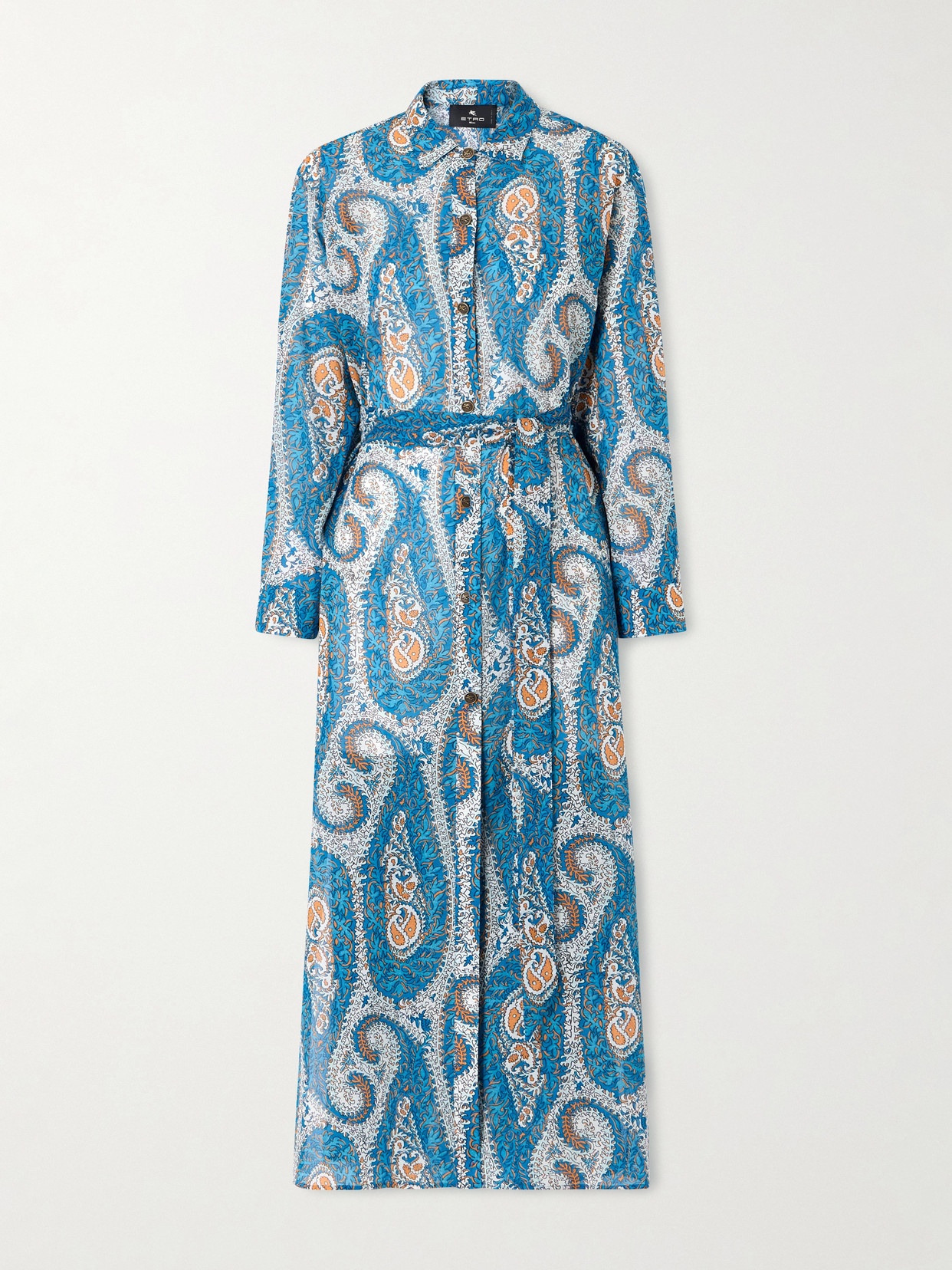 Belted Paisley-print Cotton-voile Midi Shirt Dress - Blue