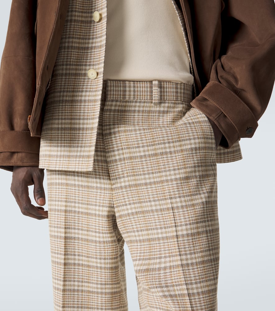 Checked silk and linen tweed straight pants
