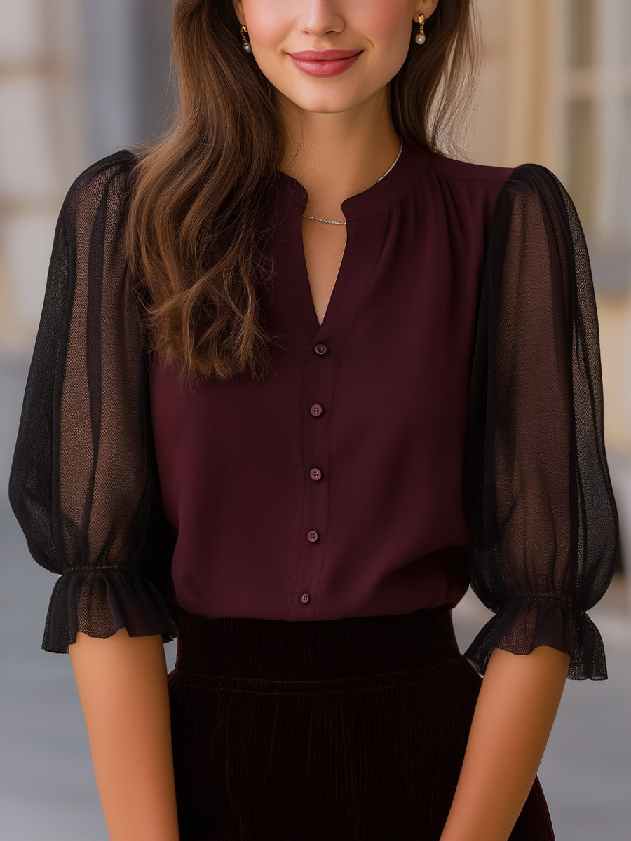 Sheer Puff Sleeve Button-Up Blouse - Burgundy