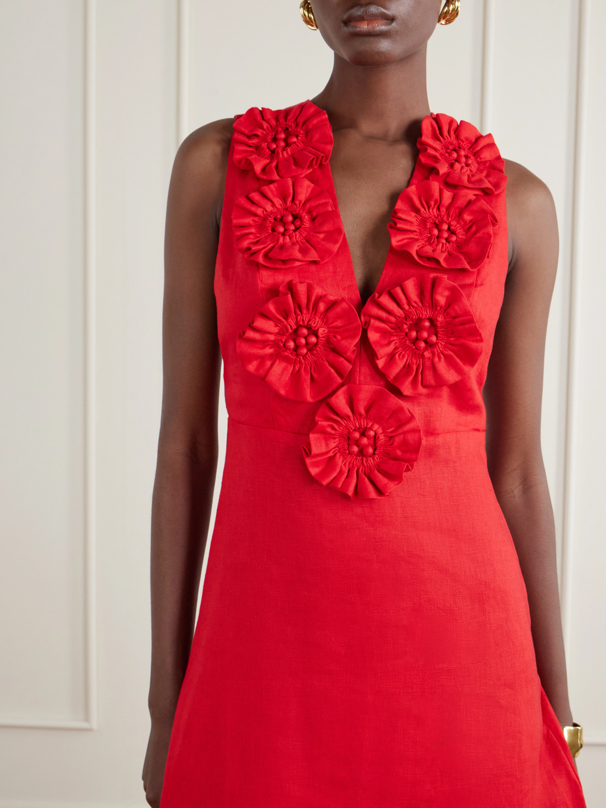 Floral-appliquéd Linen Midi Dress - Red