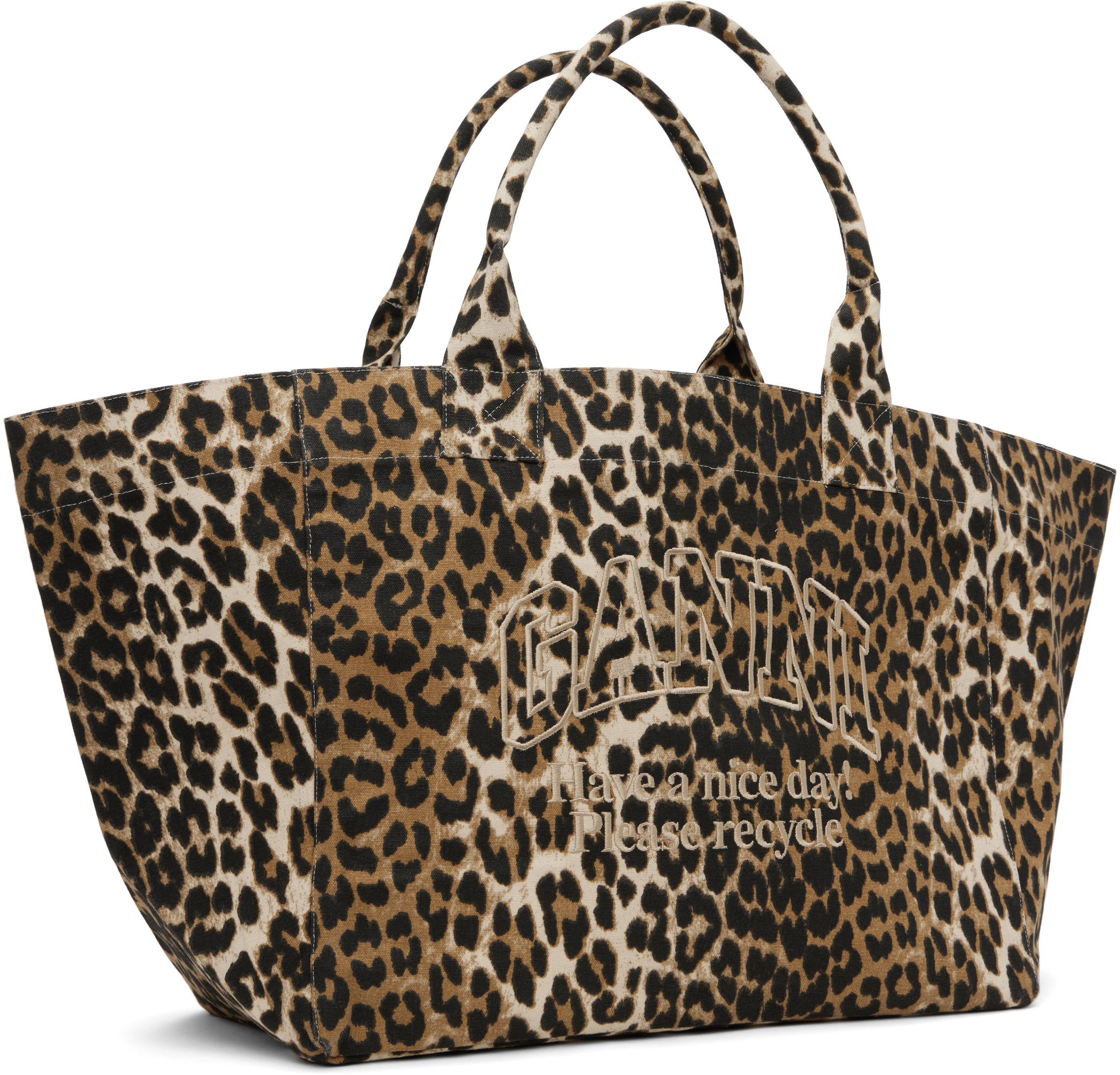 GANNI Beige Oversized Leopard-Print Canvas Tote