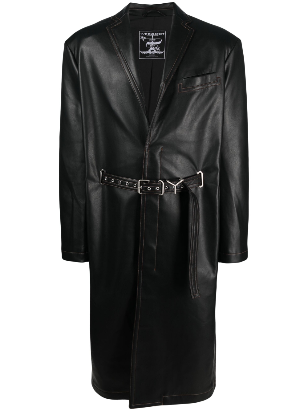 Belted faux-leather coat - Black
