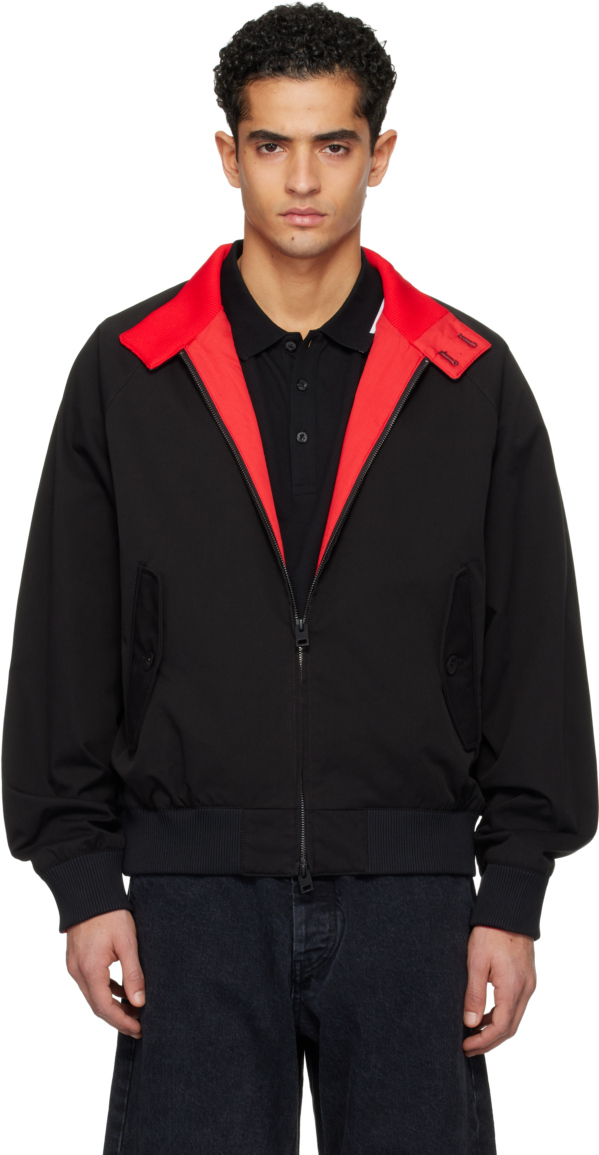 Black Twill Buttoned Stand Collar Bomber Jacket