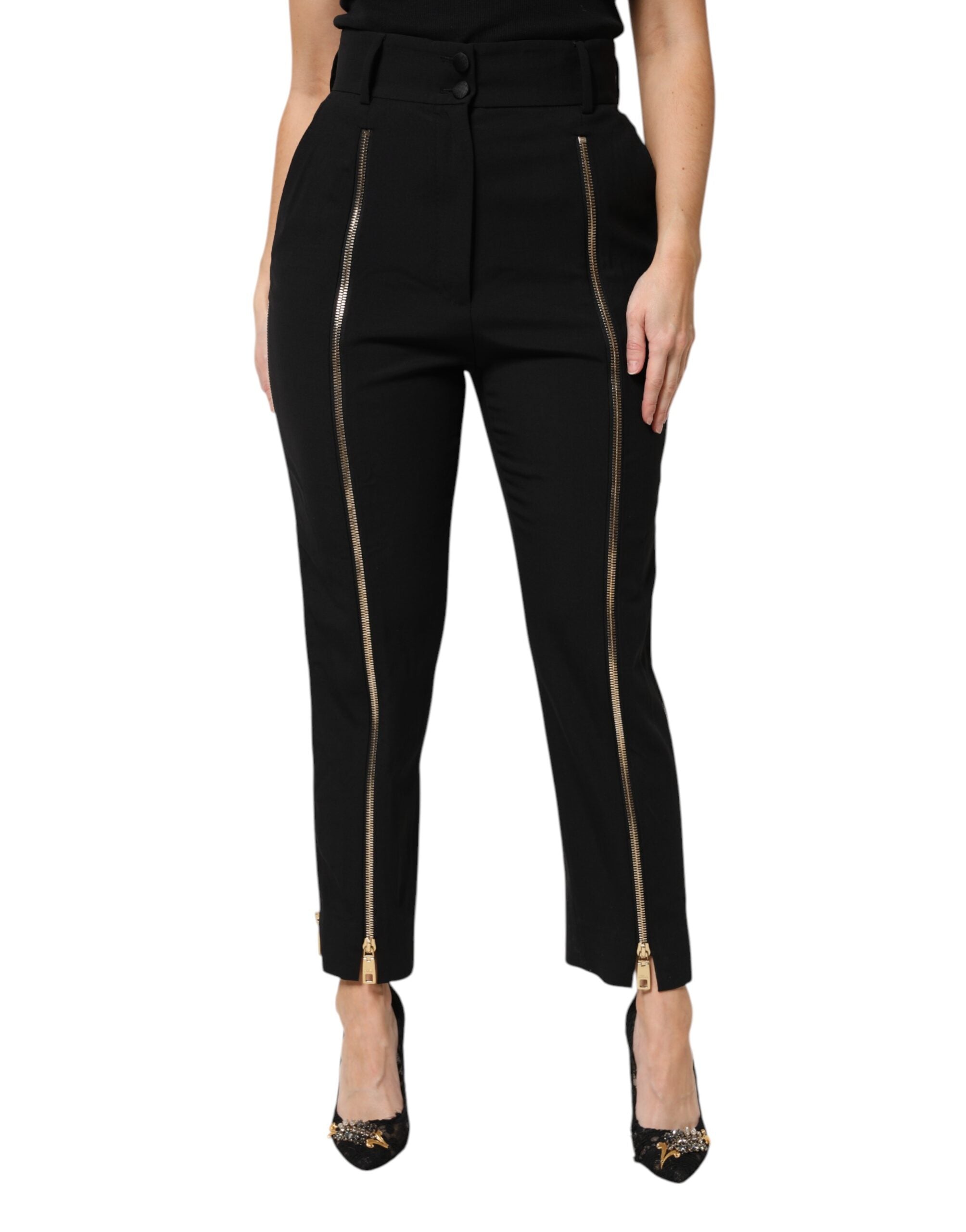 Wool Zipper-Trim High-Waist Trousers — Black