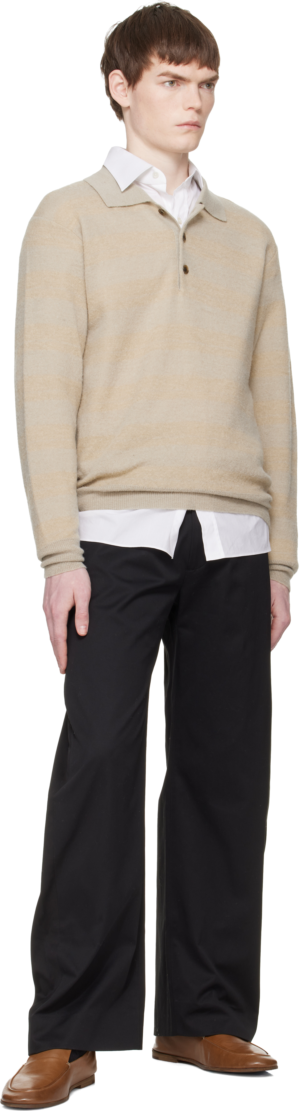Beige Knit Stripe LS Polo