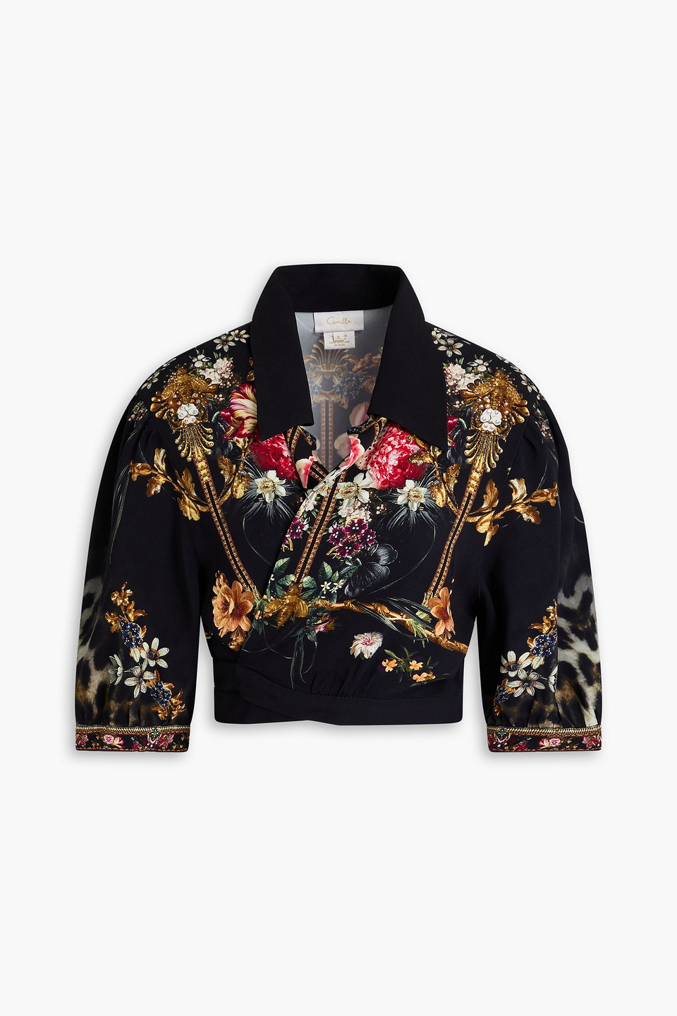 Camilla - Cropped crystal-embellished floral-print stretch-jersey wrap top - Black - XL