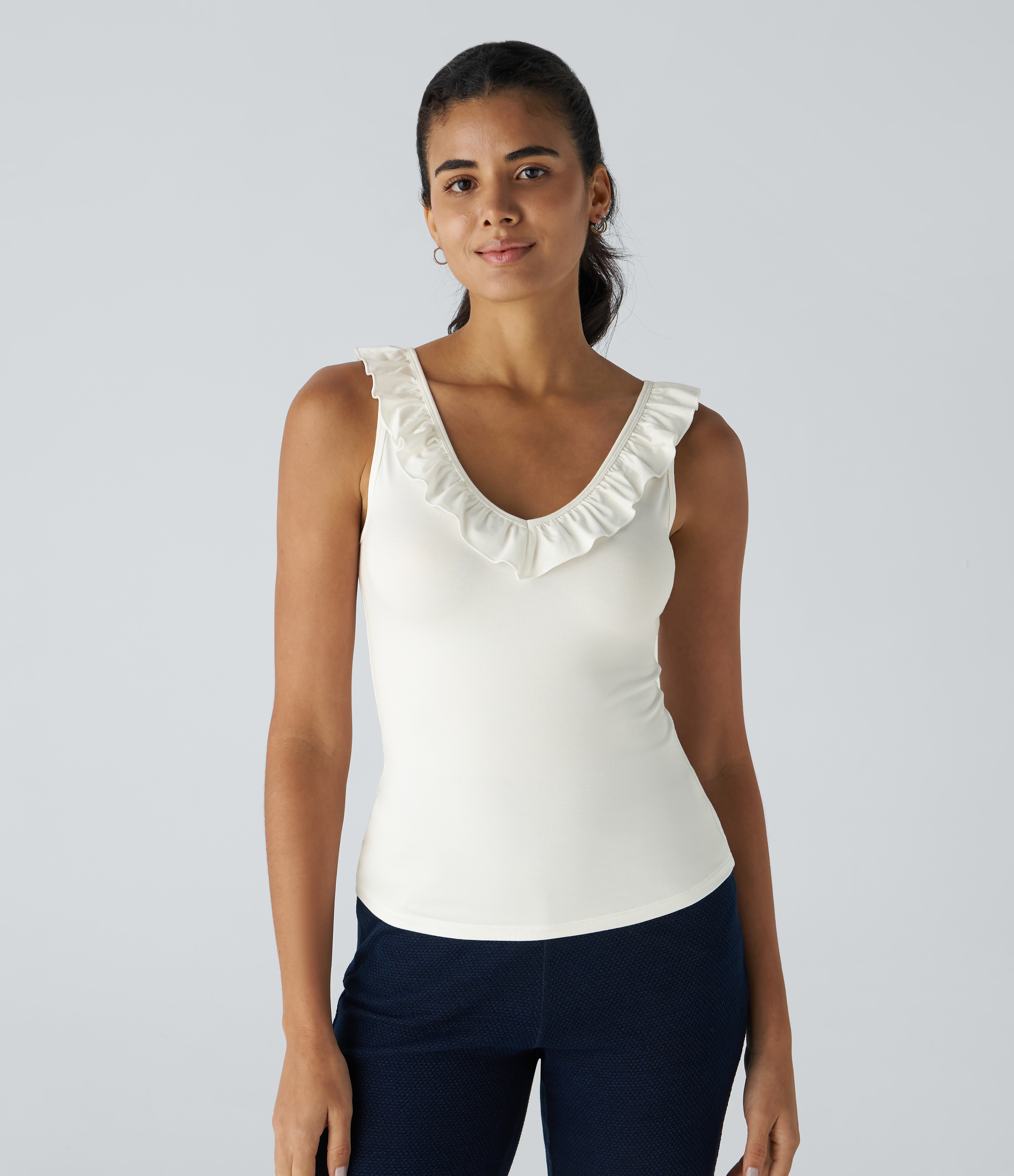 V Neck Ruffle Trim Slim Work Tank Top  - White