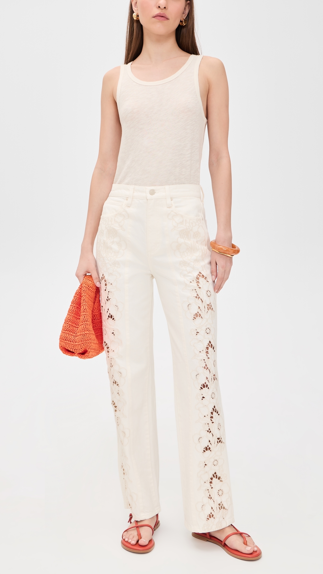 Sawyer Wide Leg Jeans Tonal Ecru Embroidered