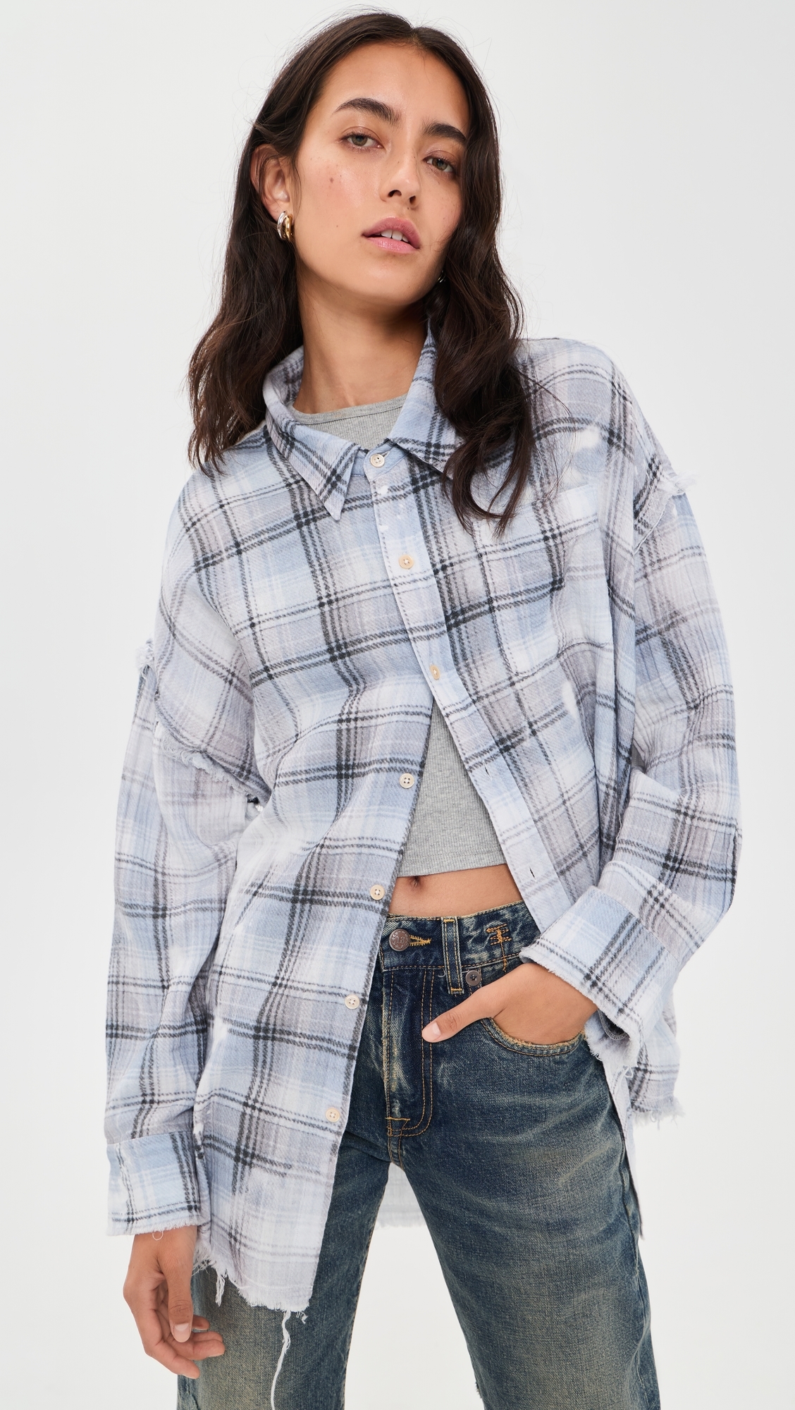 Shredded Seam Button Down Shirt Blue Bleached Plaid