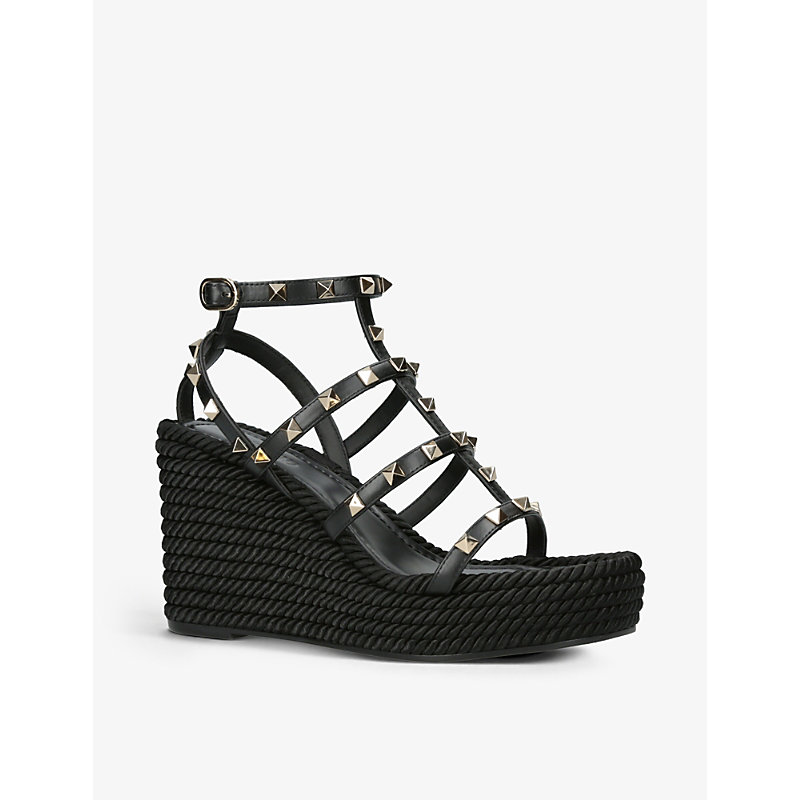 Womens Black Rockstud 95 Braided Leather Heeled Sandals