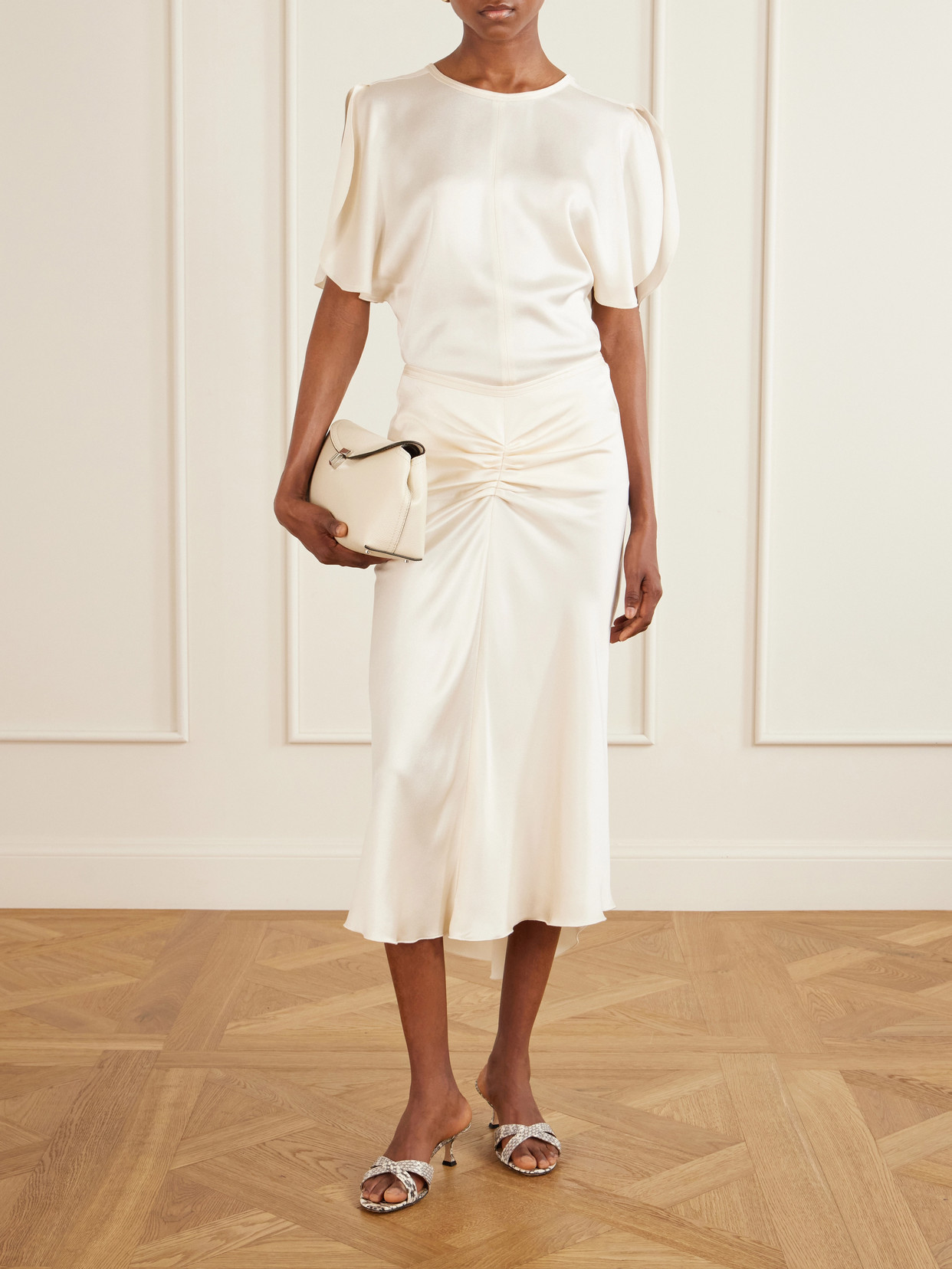 Bela Ruched Satin Midi Skirt - Neutrals