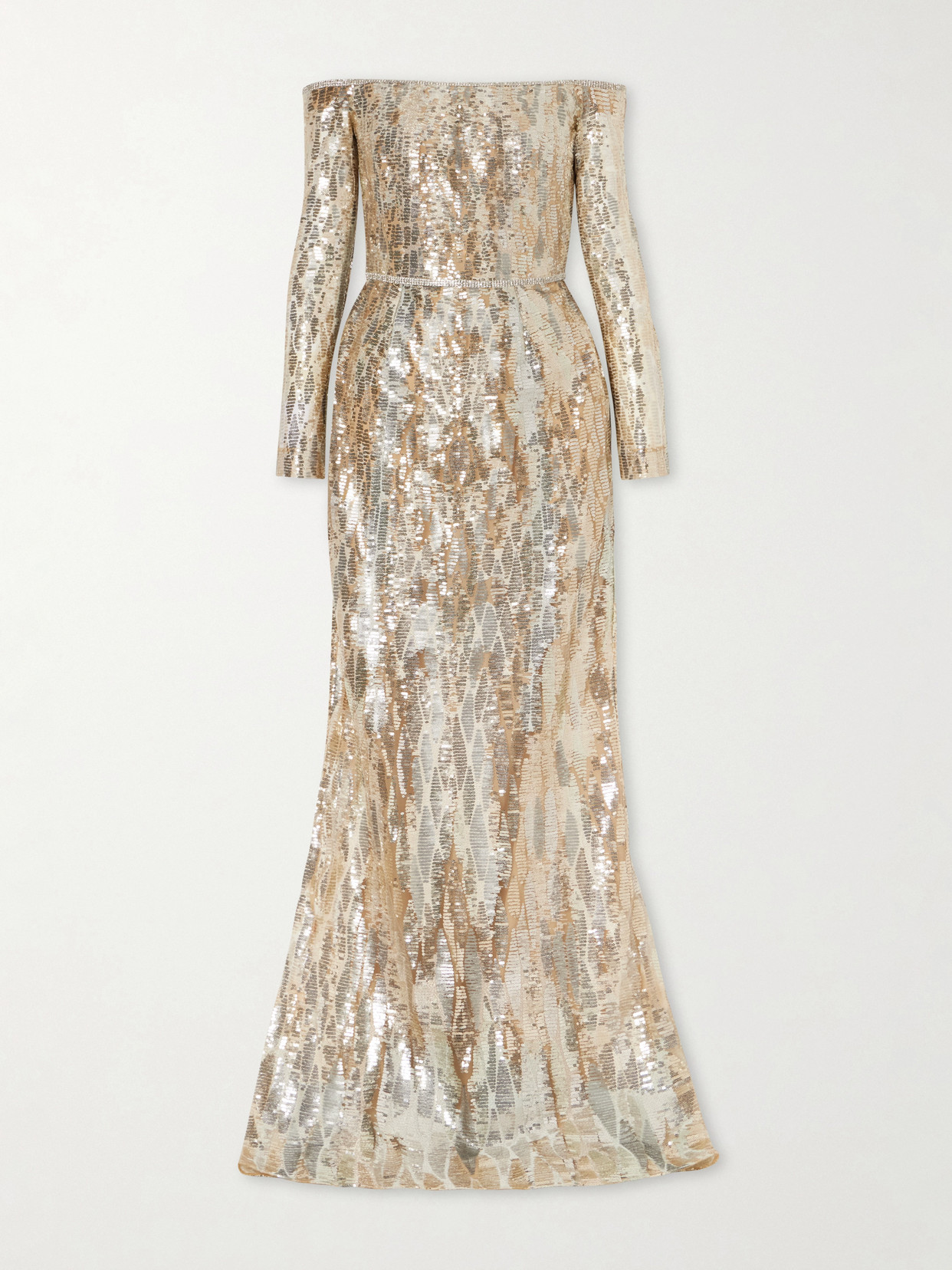 Off-the-shoulder Sequined Silk-blend Gown