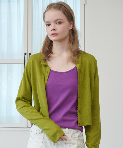 Sheer Scallop Linen Cardigan Olive