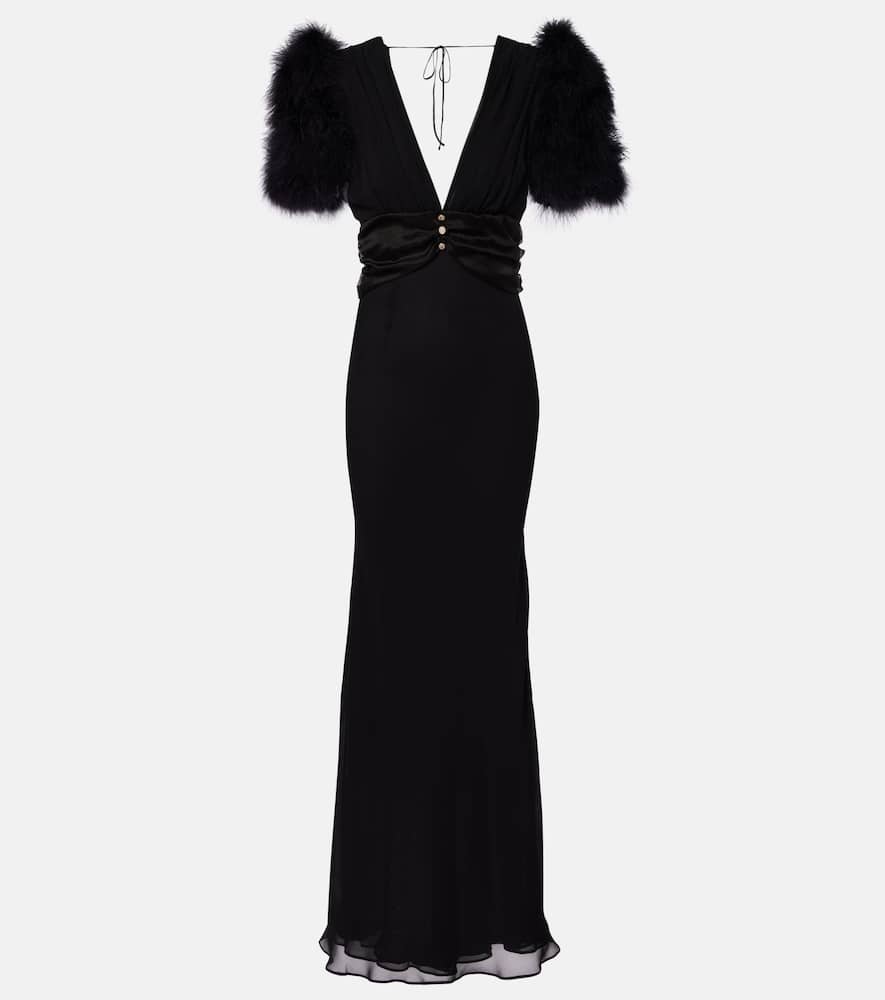 Feather-trimmed silk georgette gown