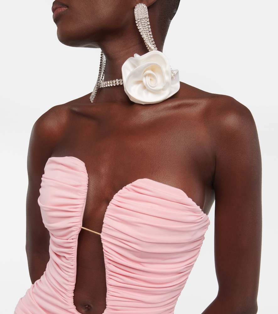 Floral-appliqué ruched minidress