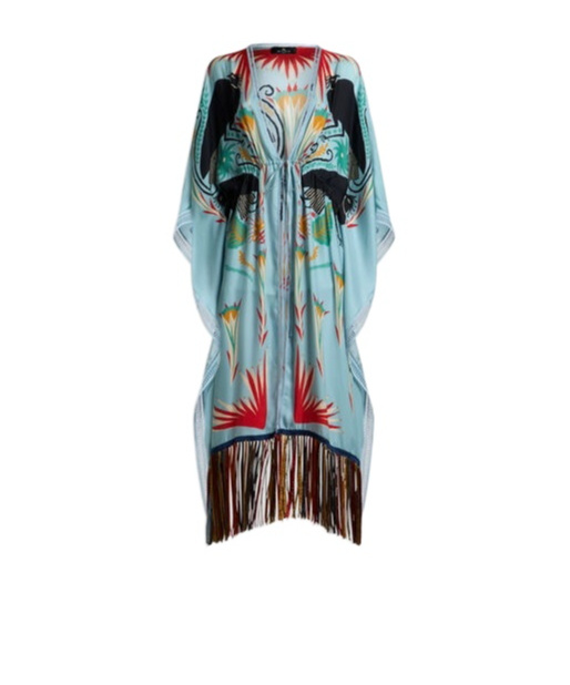 X TABBY BOOTH SILK KAFTAN WITH FRINGING AND PLACED PRINT