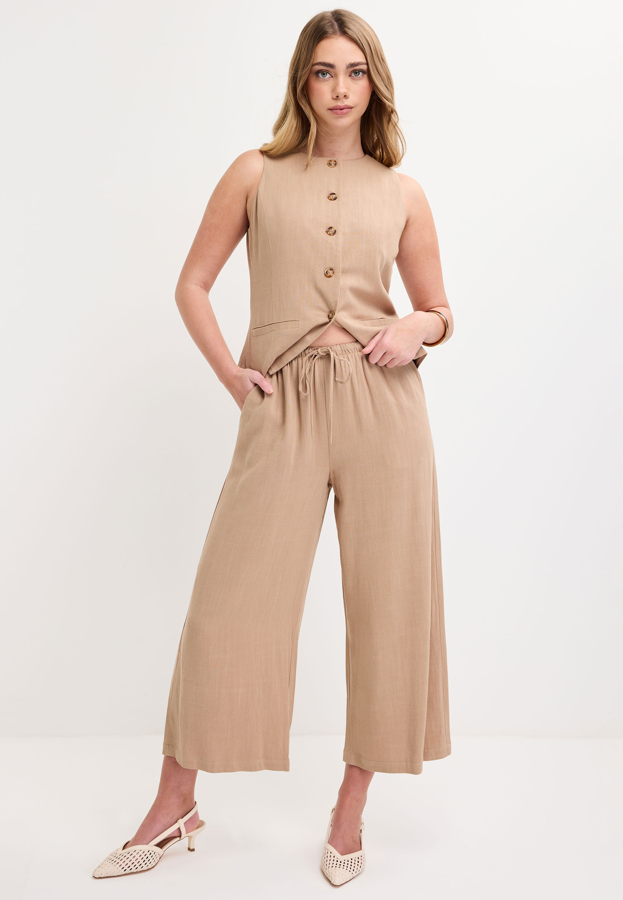 Womens Camel Linen Blend Culotte Trousers