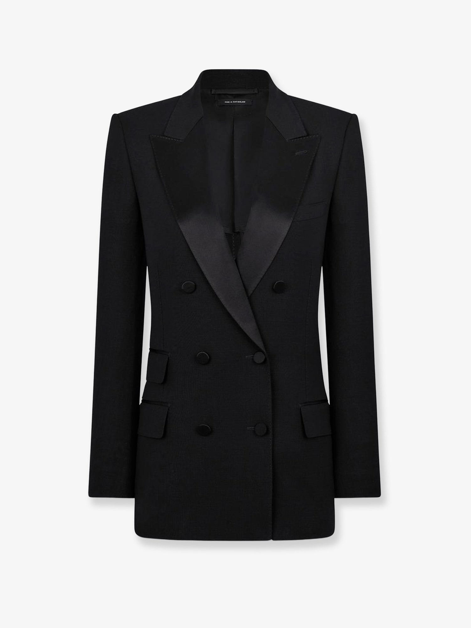 Satin Peak Lapel Double-Breasted Wool Blazer — Black