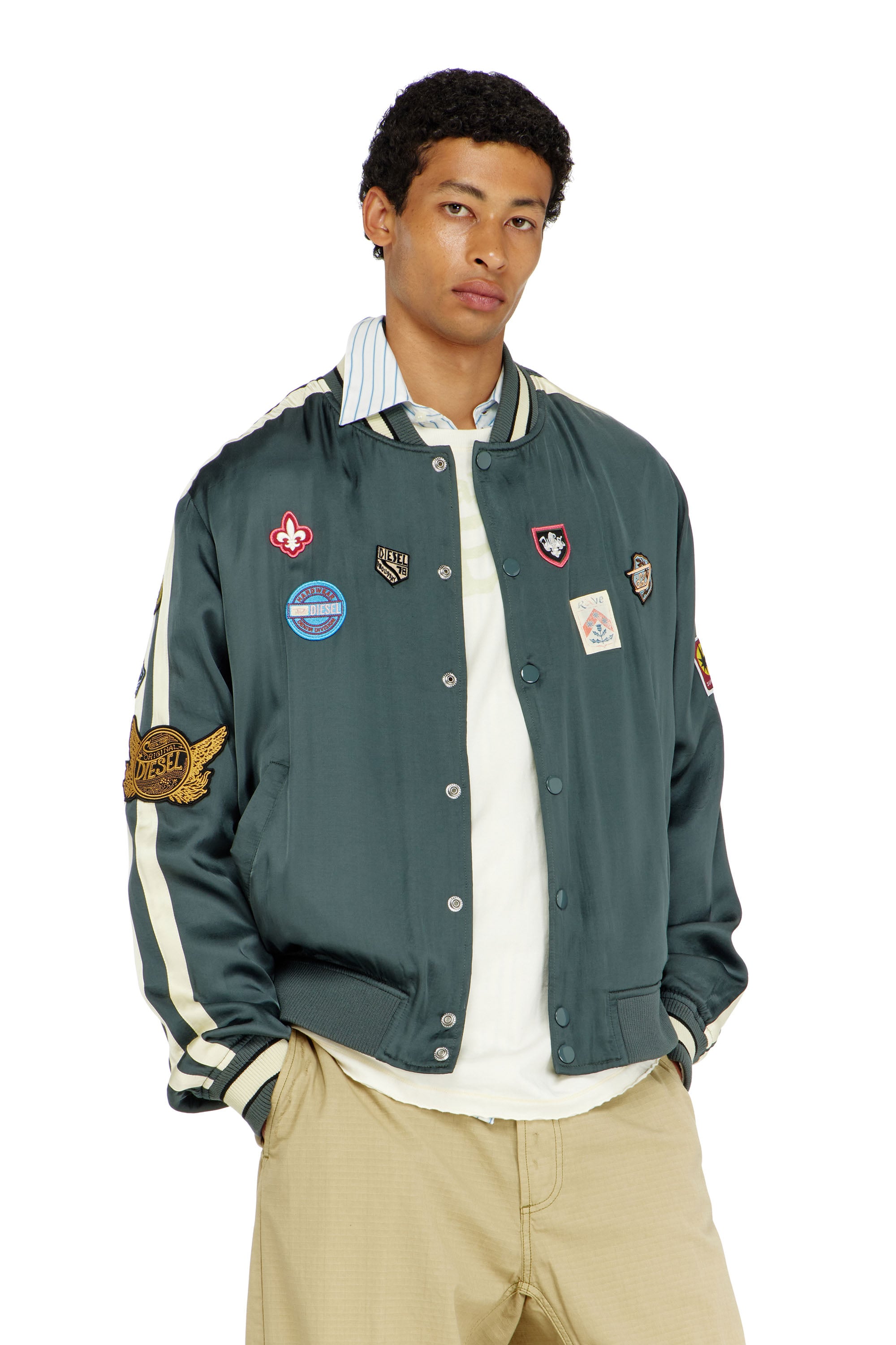 Satin bomber jacket with patches - Jackets - Man - Green