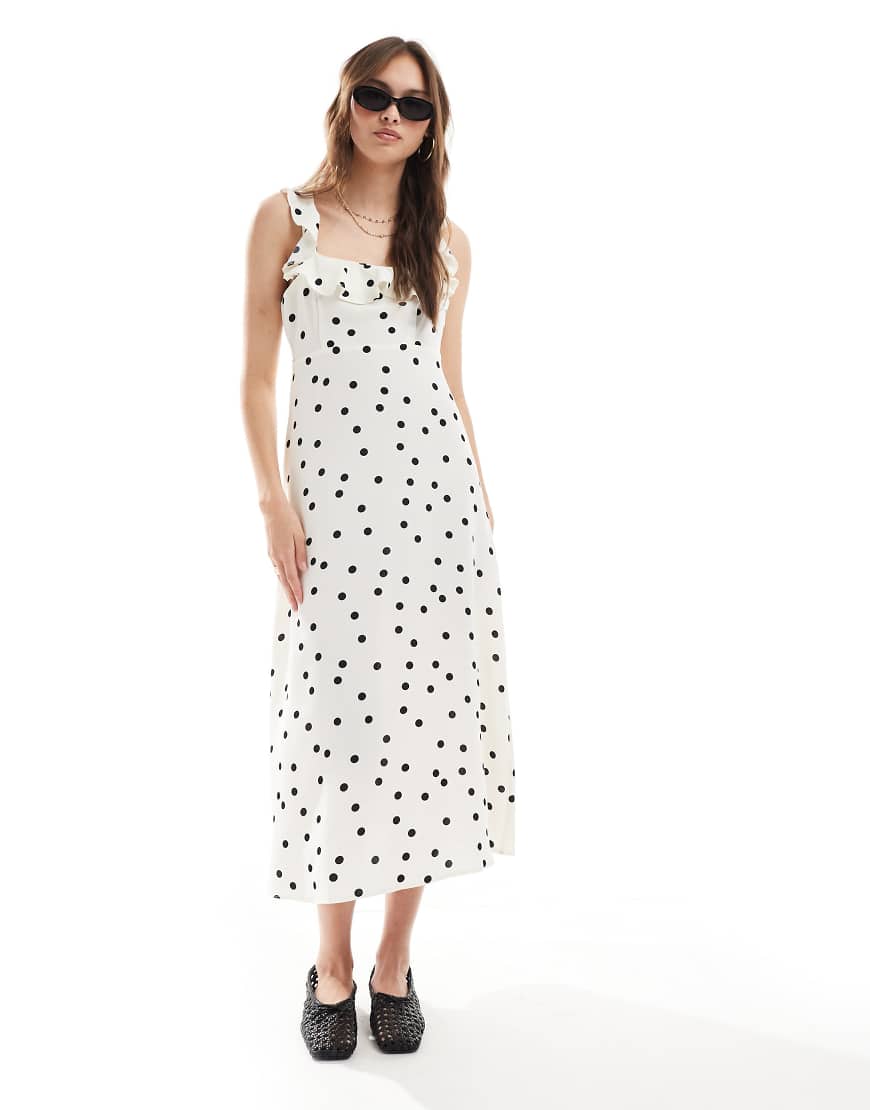 New Look ruffle sleeve cami midi dress in cream spot-White